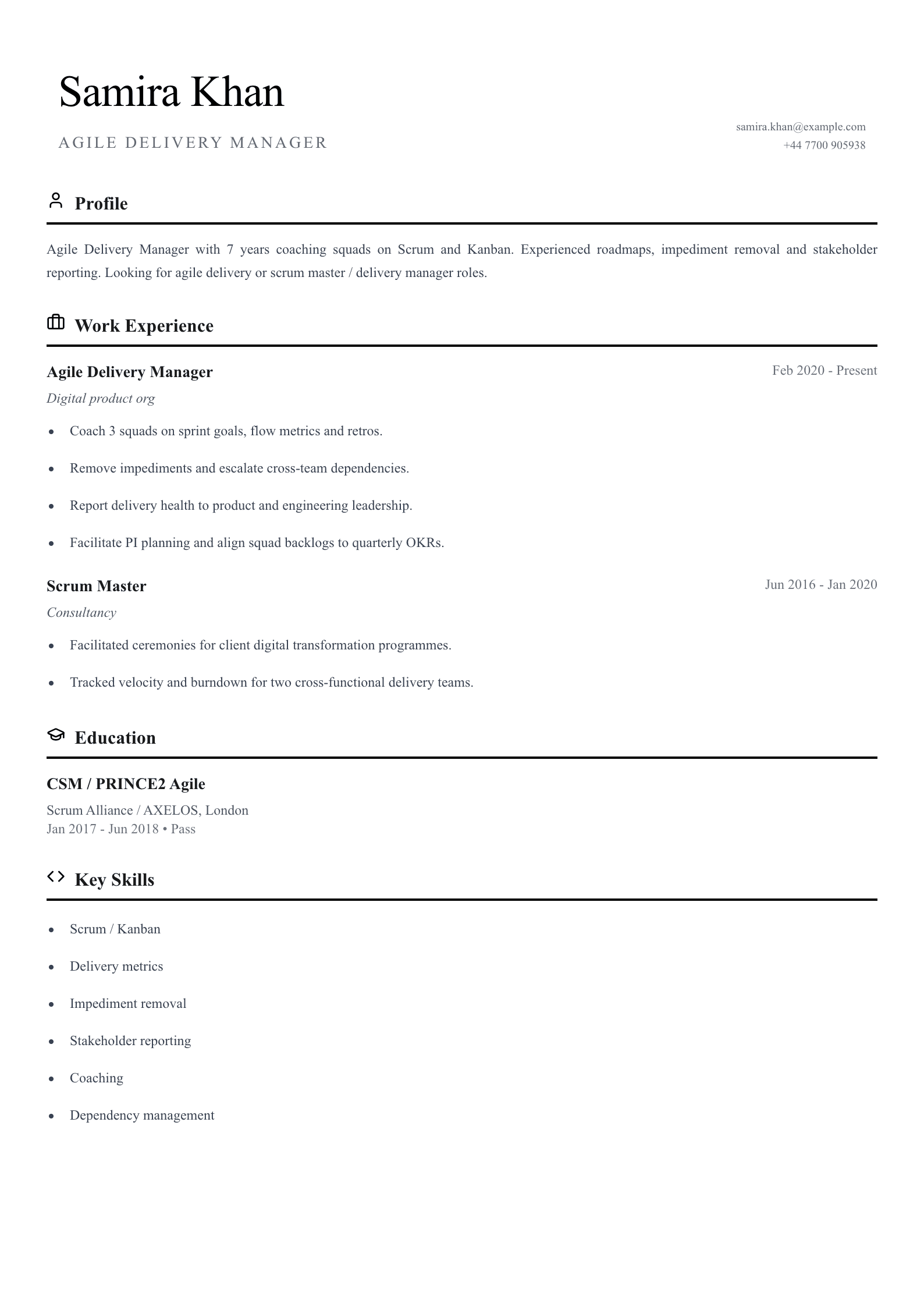 agile squad delivery manager cv template