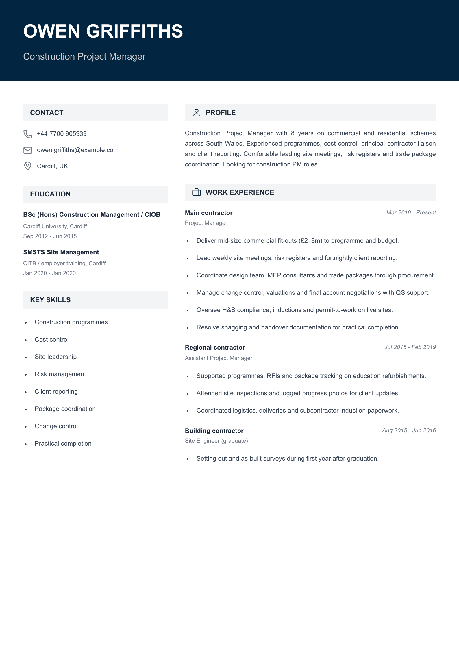 commercial construction pm cv template