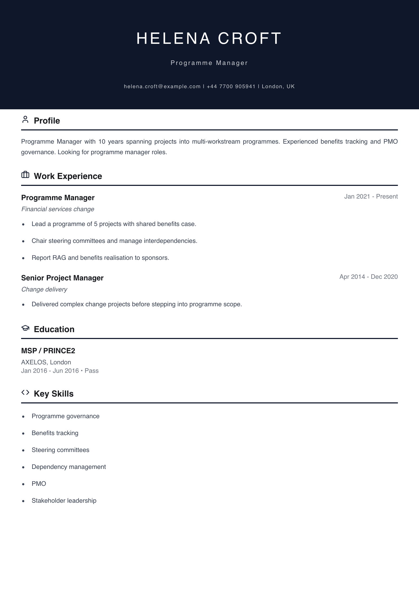 change programme manager cv template