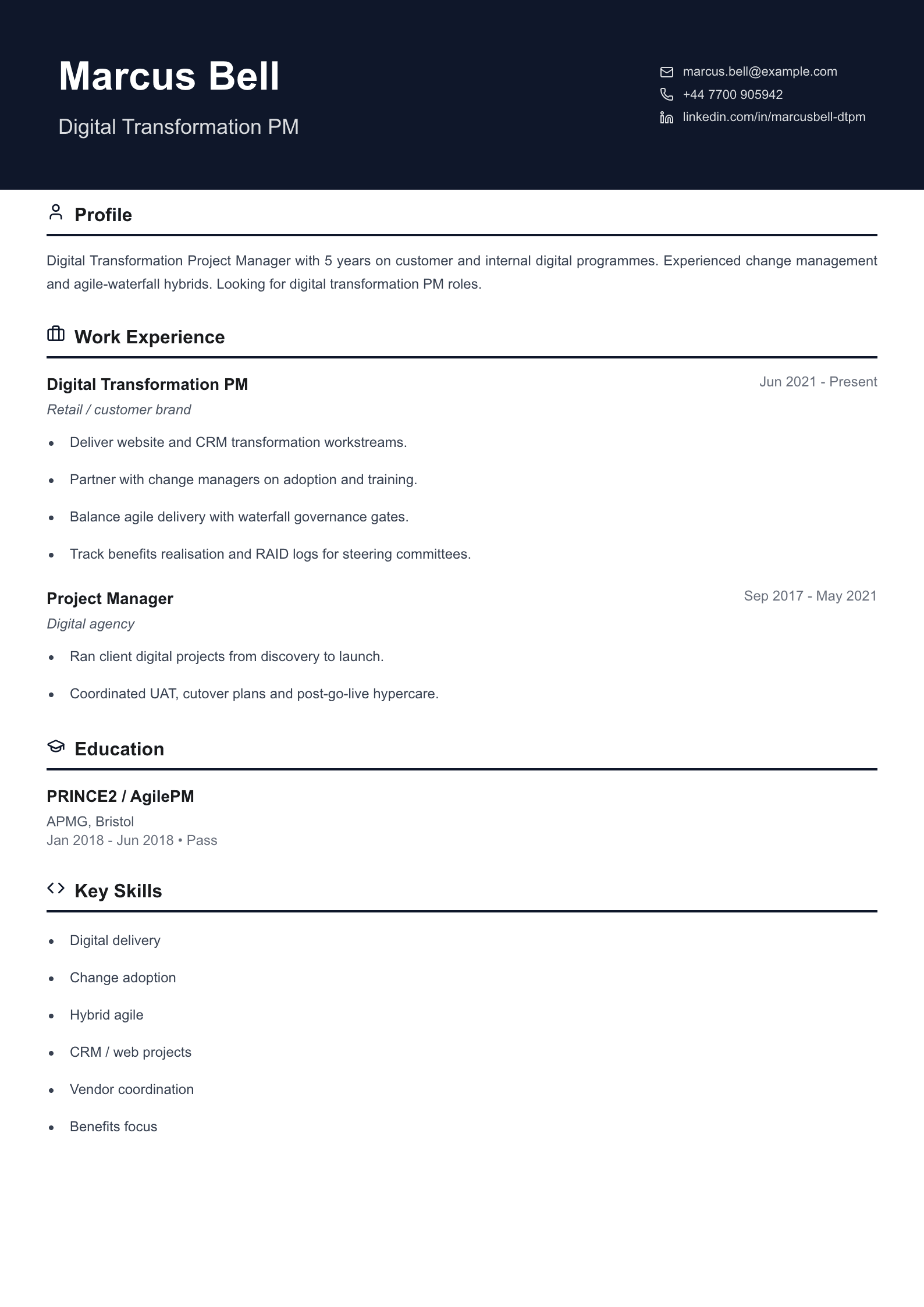 digital transformation pm cv template