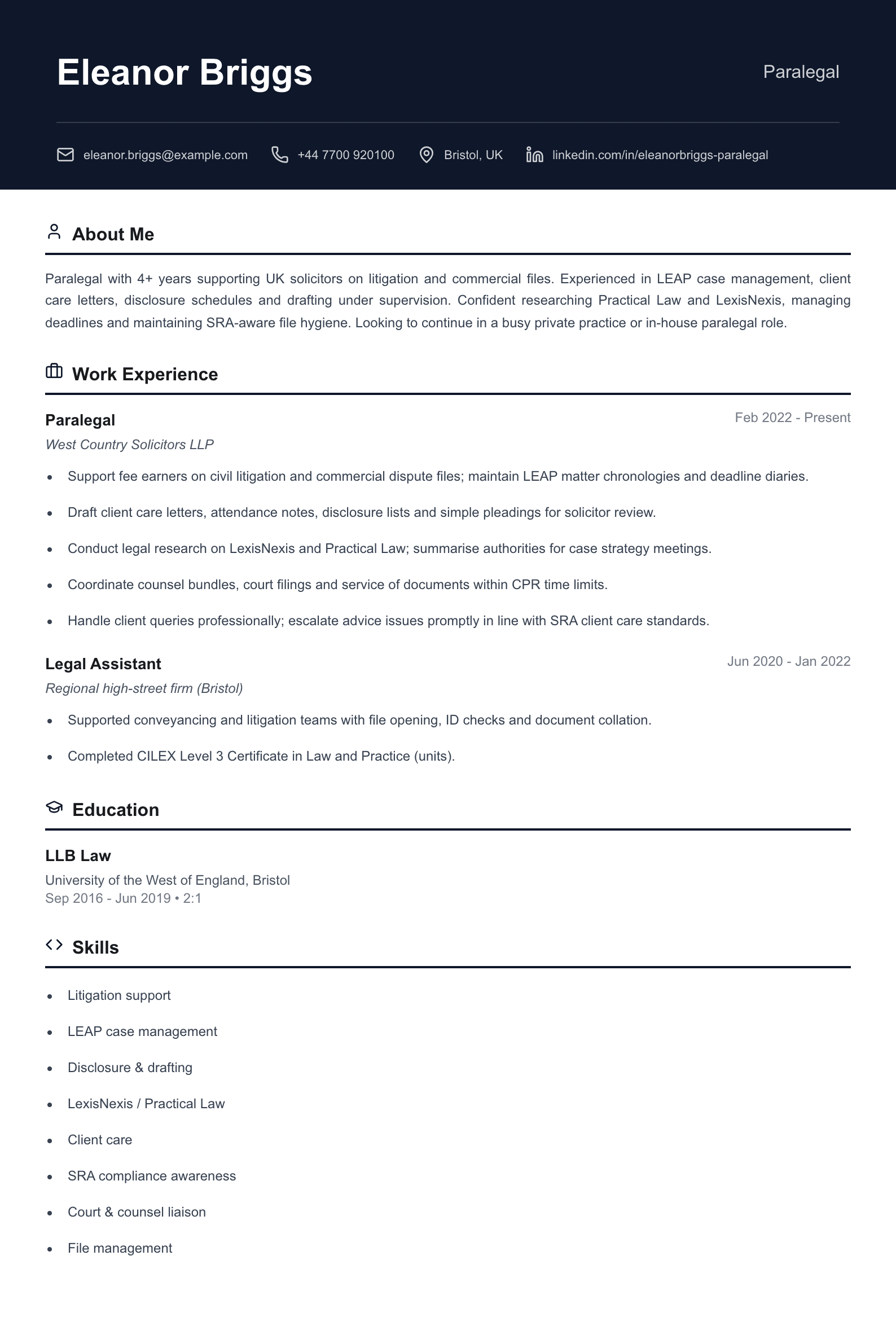 Paralegal CV template