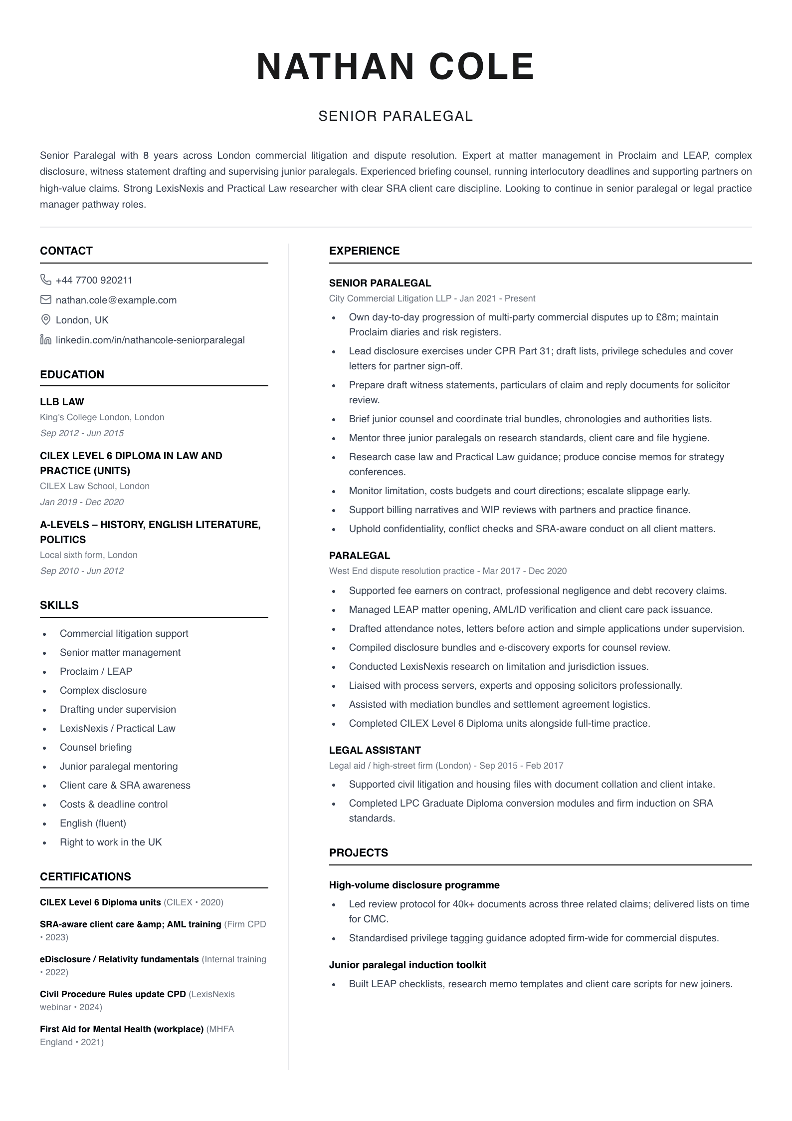 senior paralegal cv template