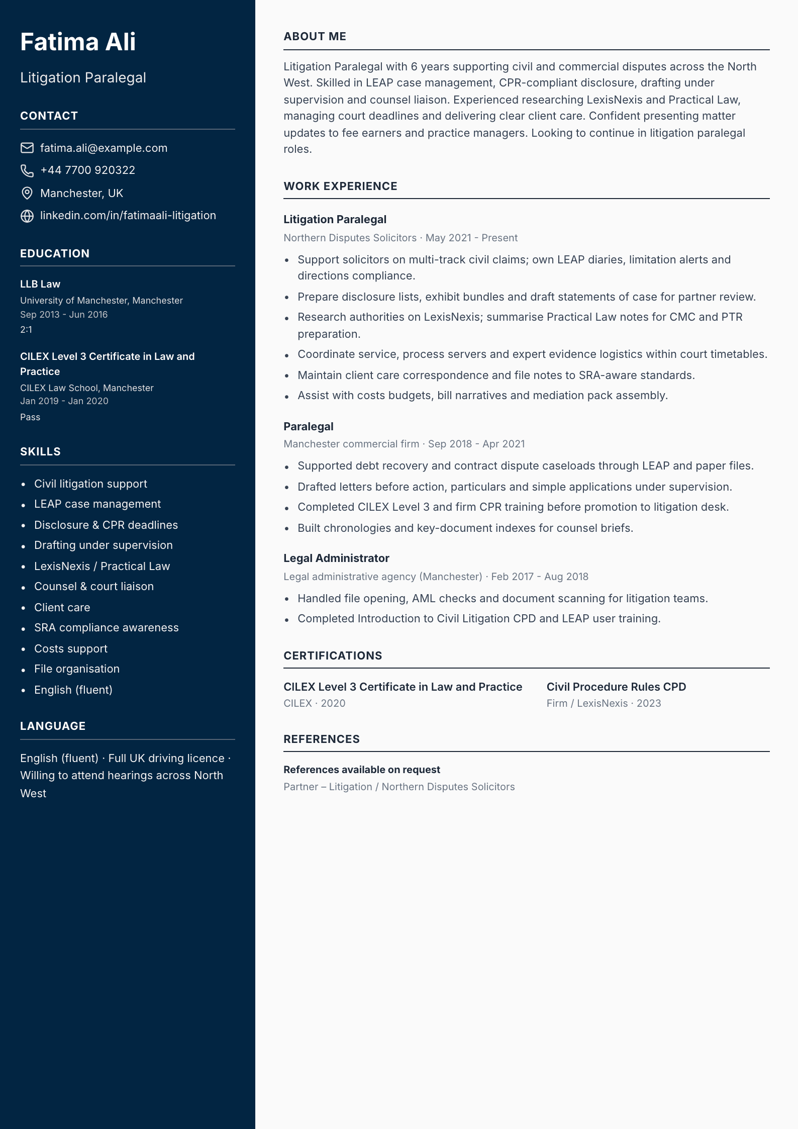 Litigation paralegal CV template