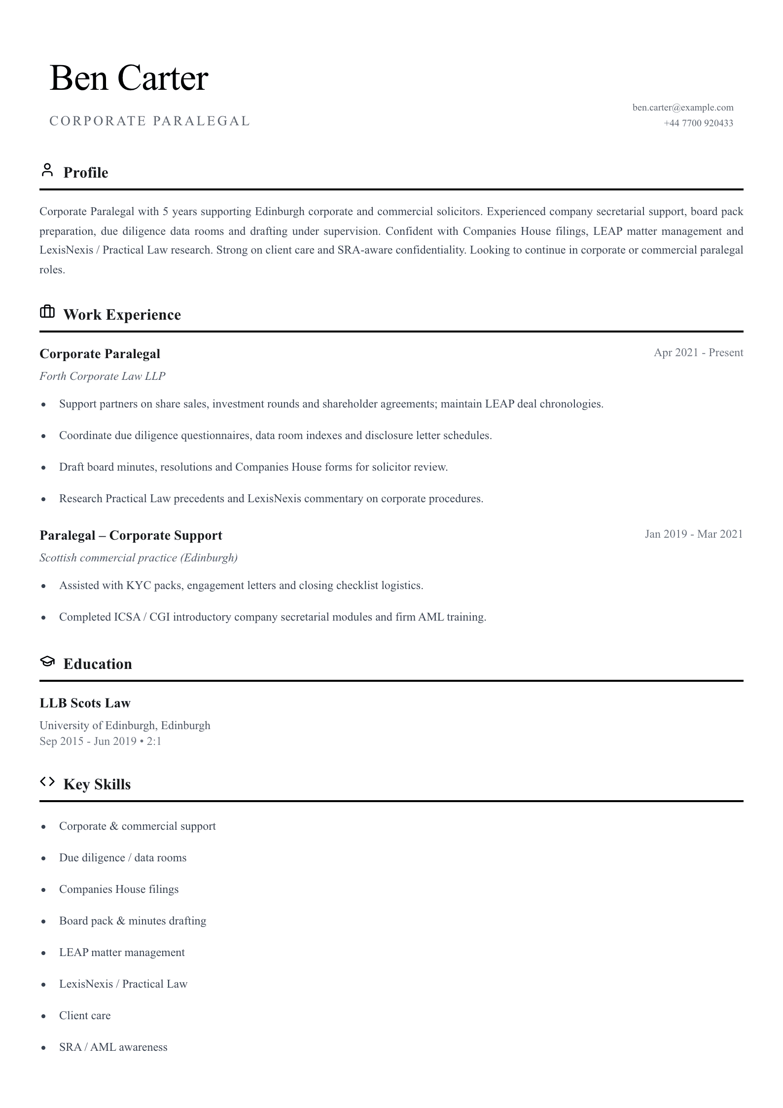 corporate paralegal cv template