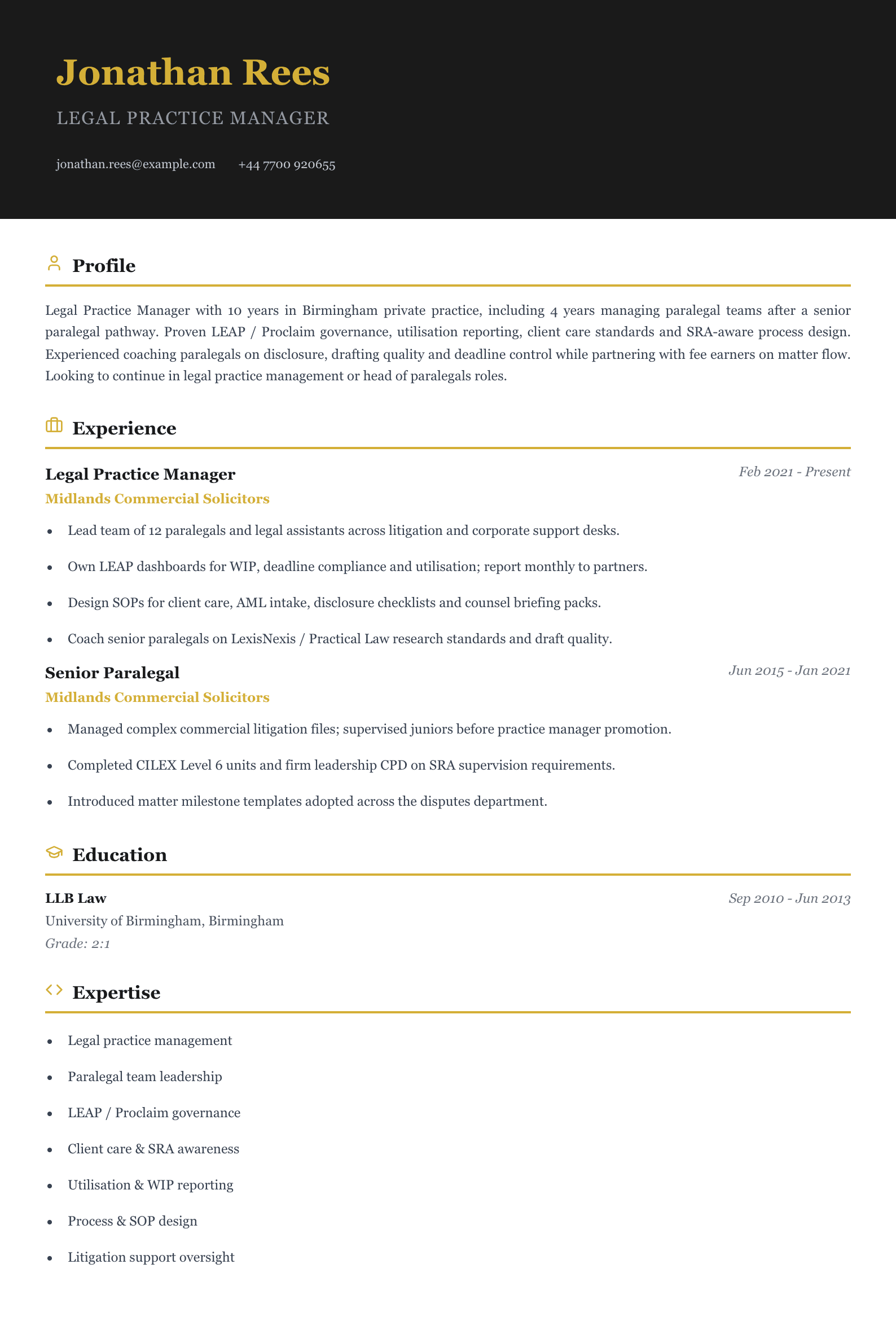 legal practice manager cv template