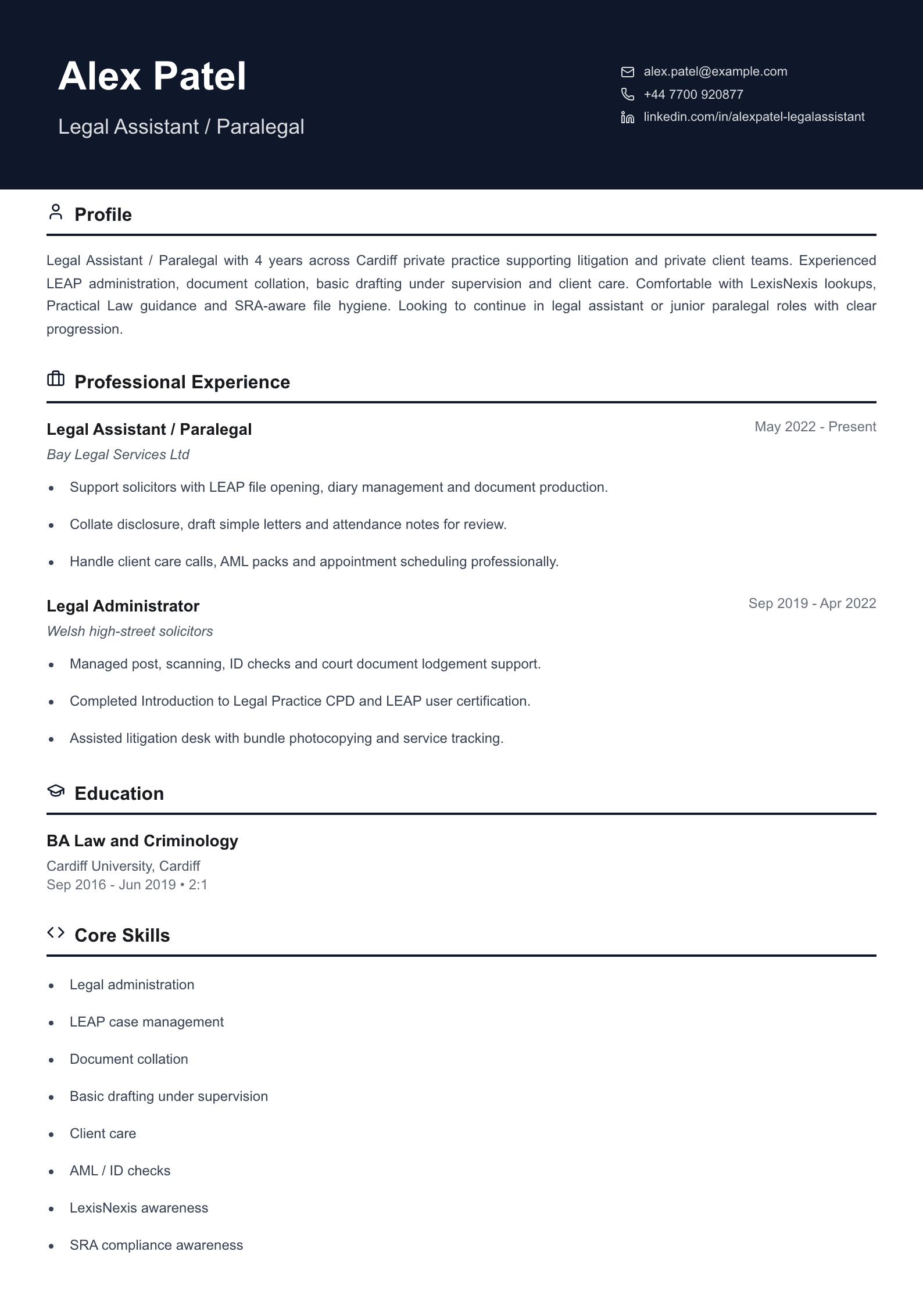 legal assistant paralegal cv template