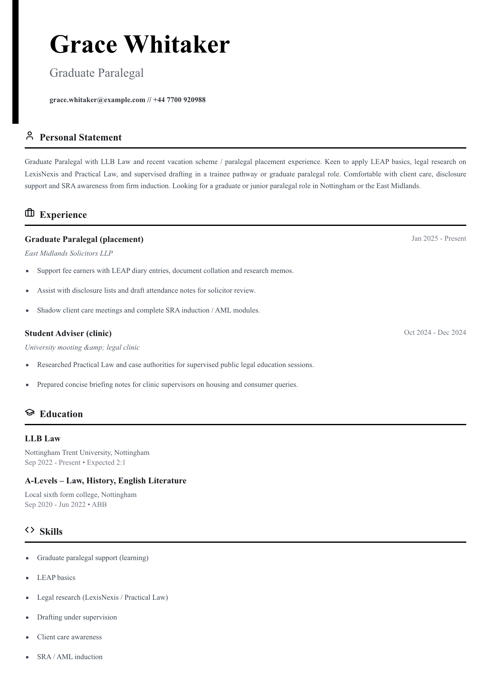 graduate paralegal cv template