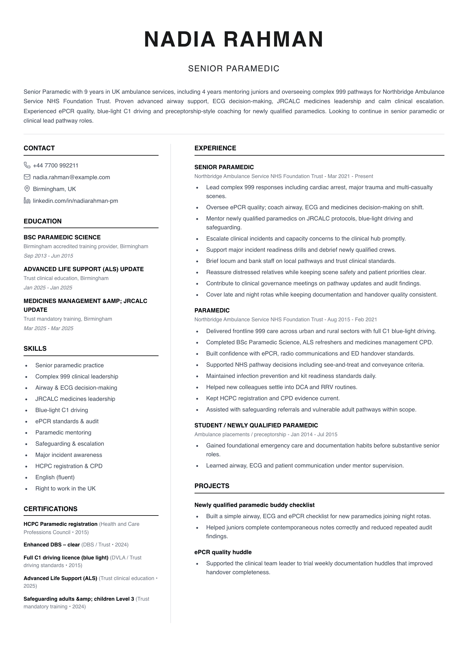 senior paramedic cv template