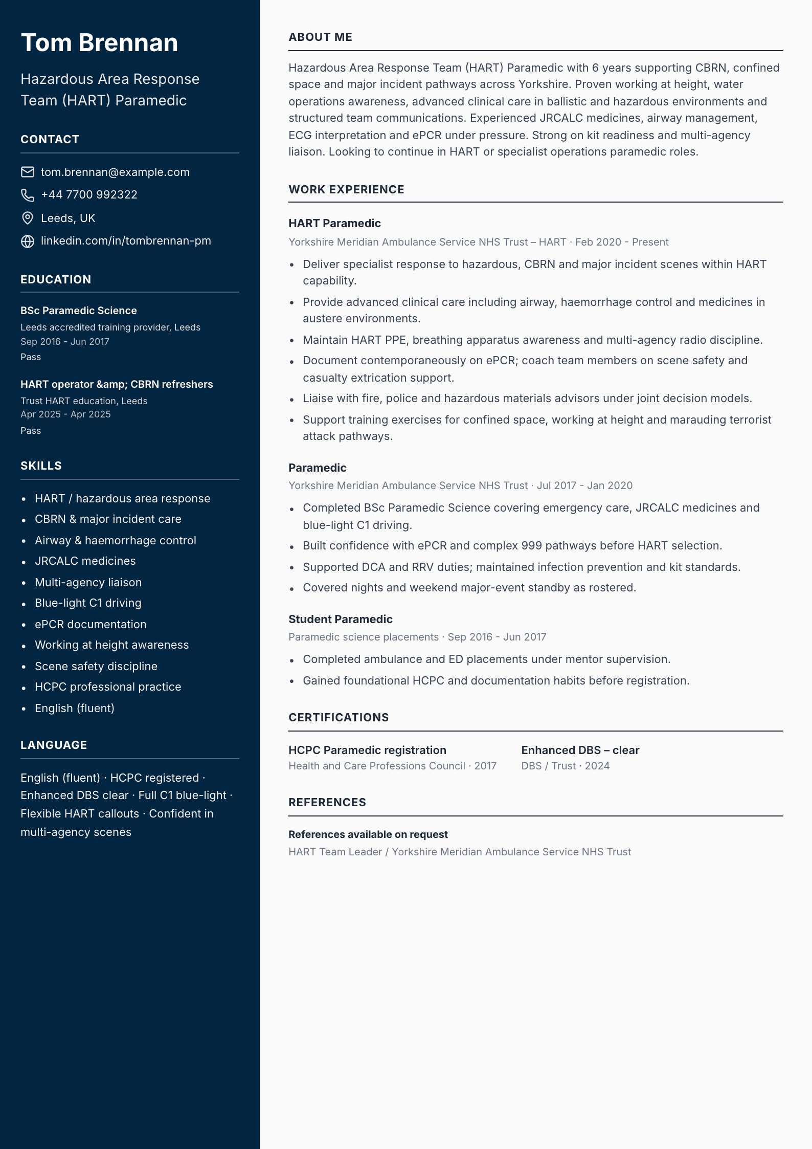 HART paramedic CV template