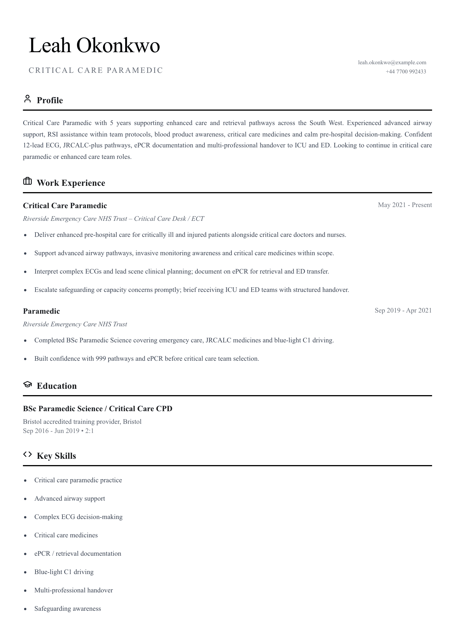 critical care paramedic cv template