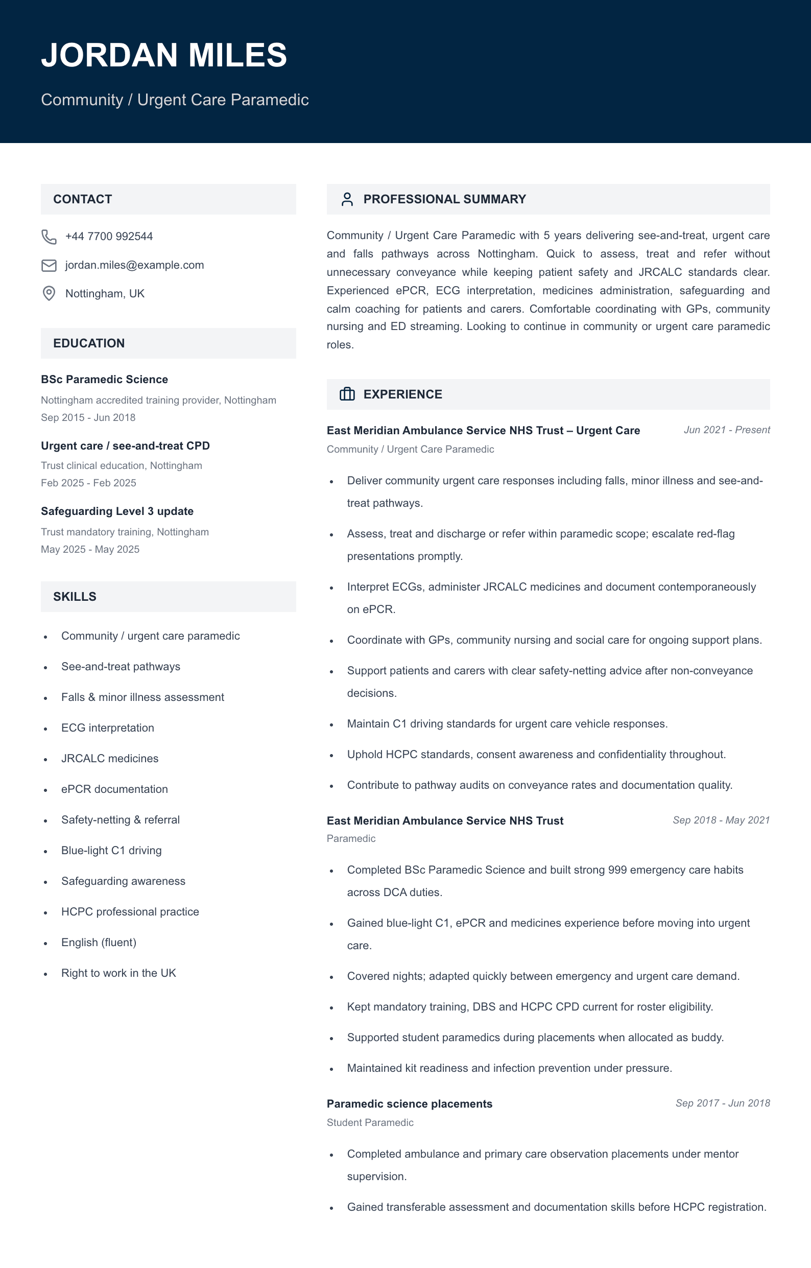 Community urgent care paramedic CV template