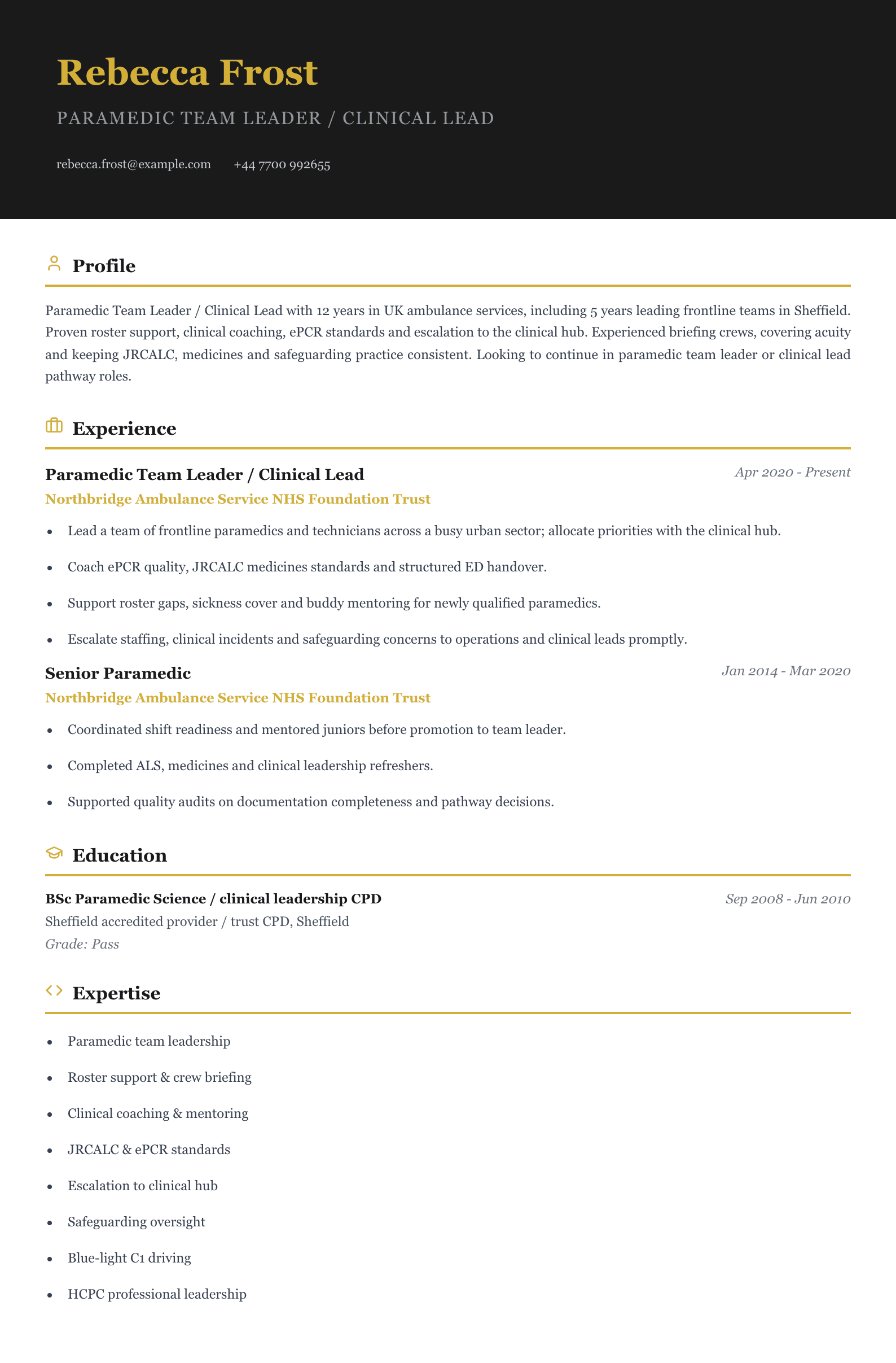 paramedic team leader clinical lead cv template
