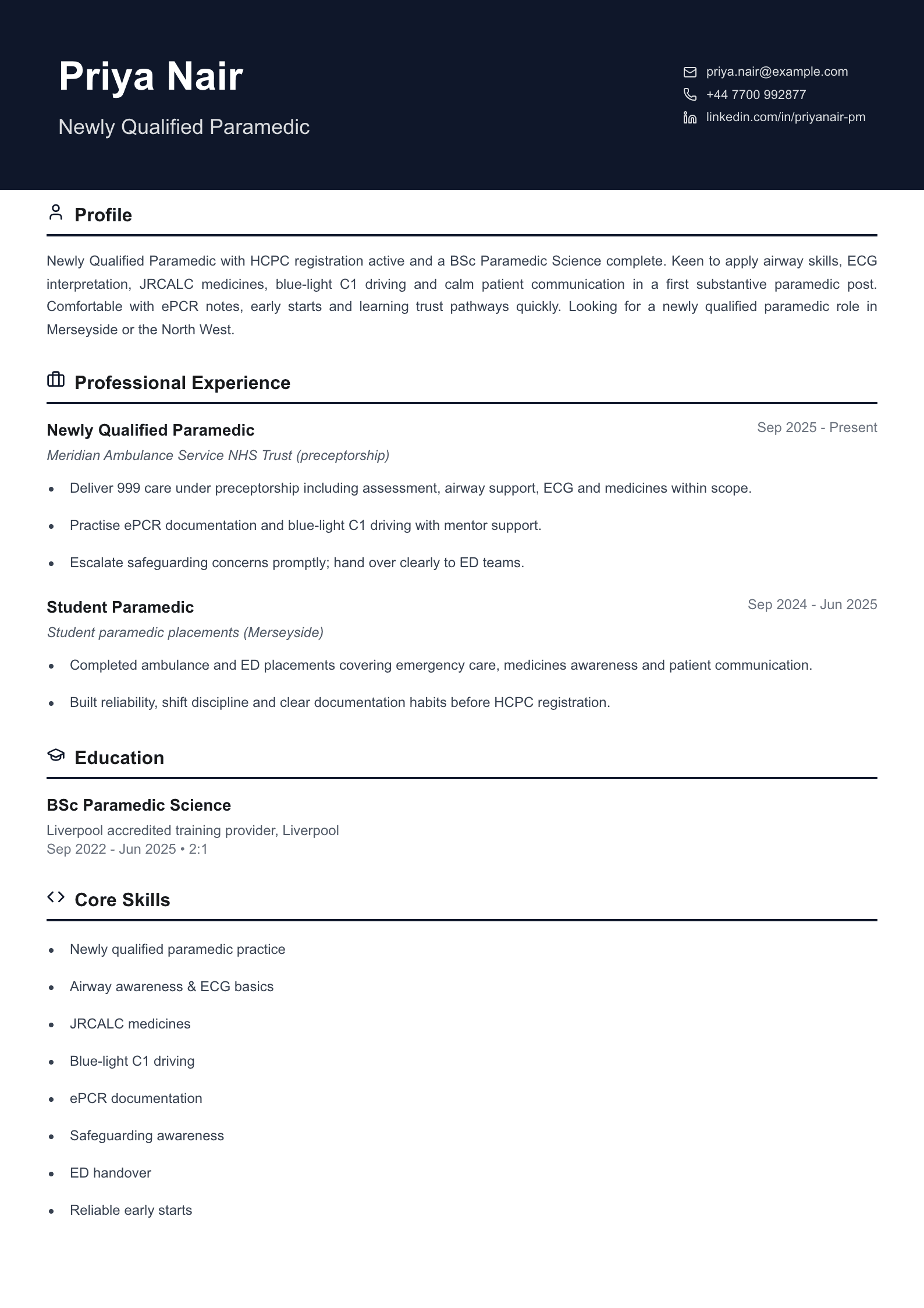 newly qualified paramedic cv template