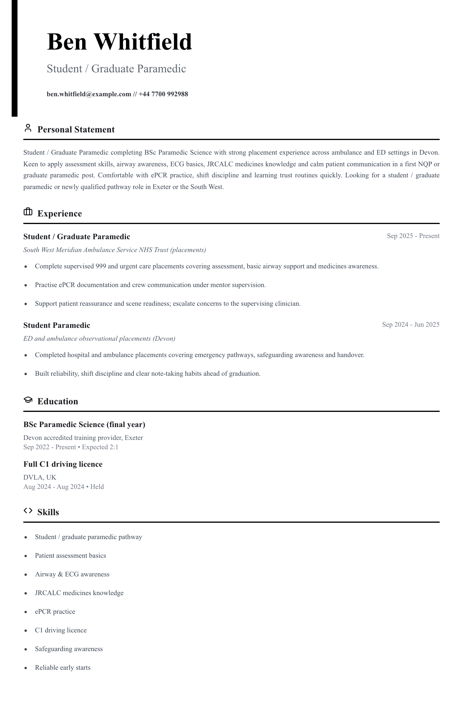 student graduate paramedic cv template