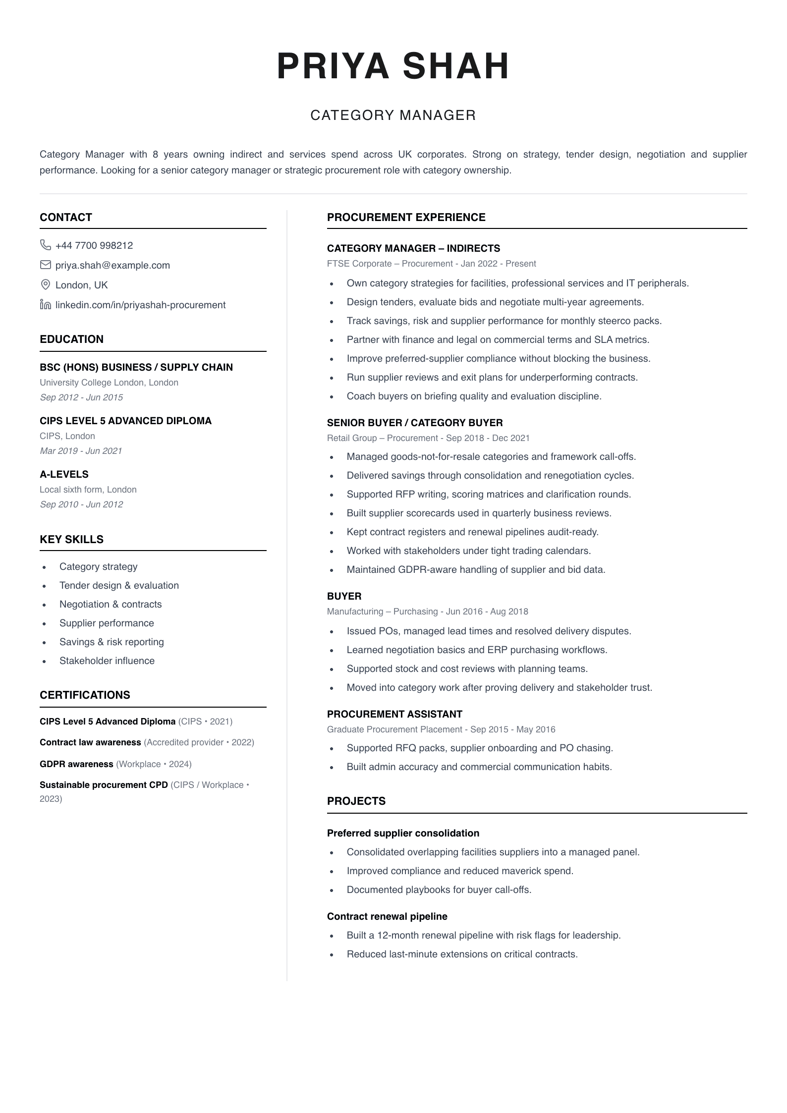 category manager CV template
