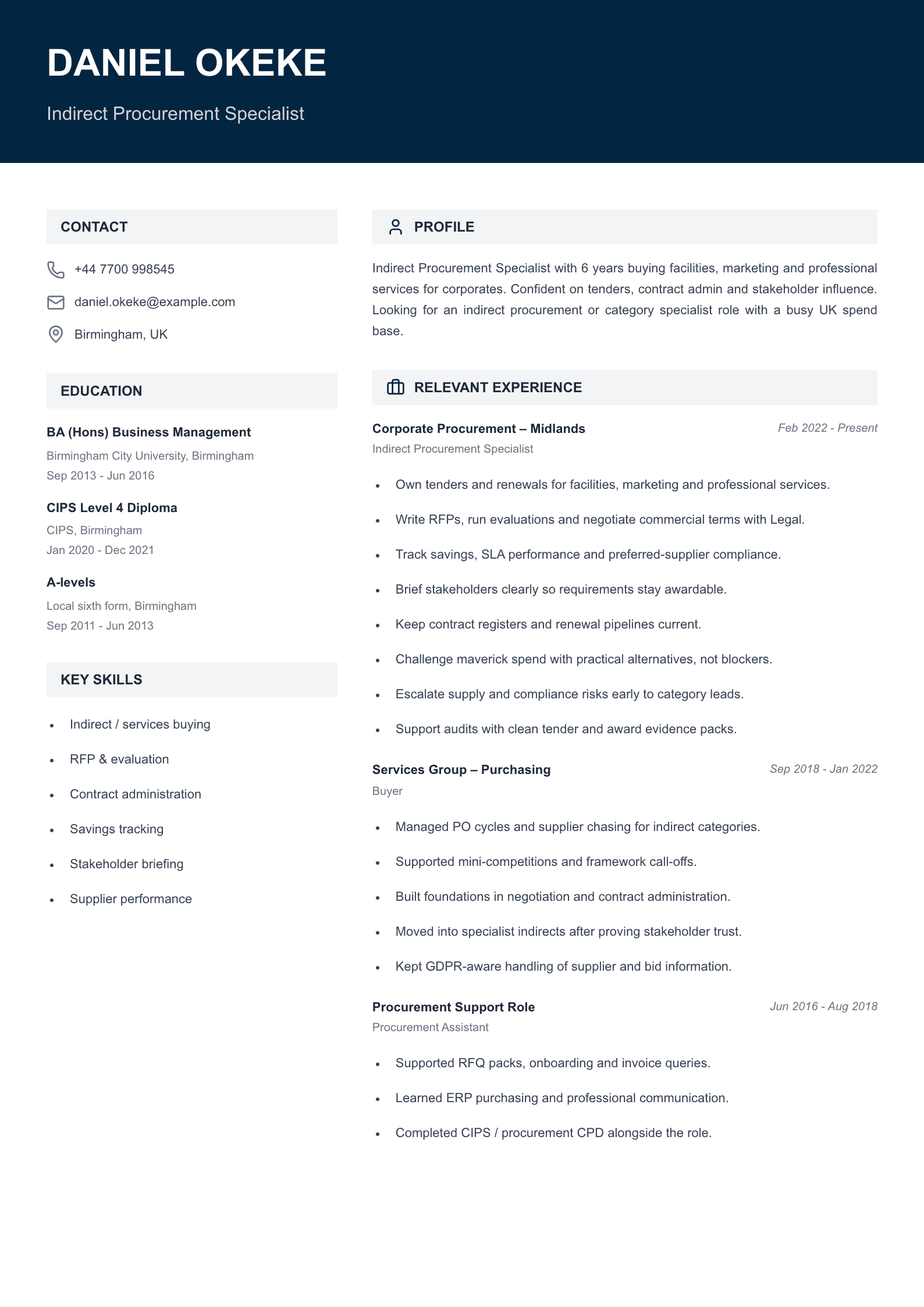 indirect procurement CV template