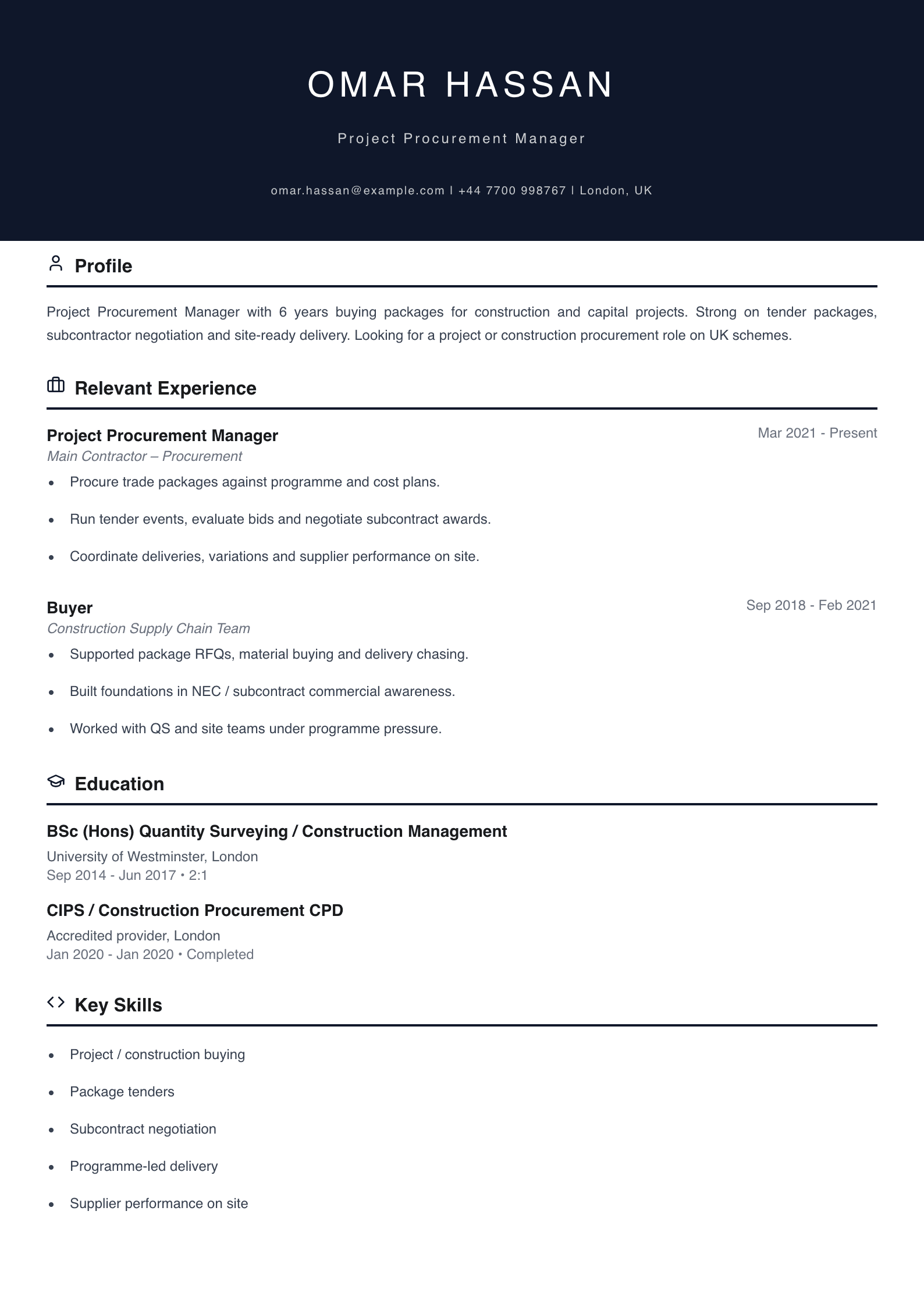 project procurement CV template