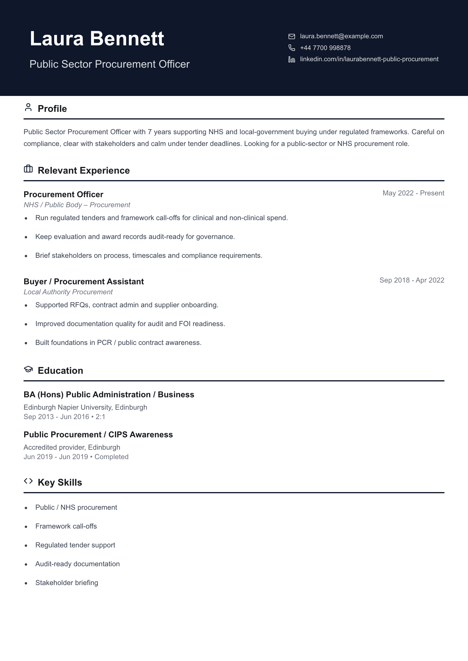 public sector procurement CV template