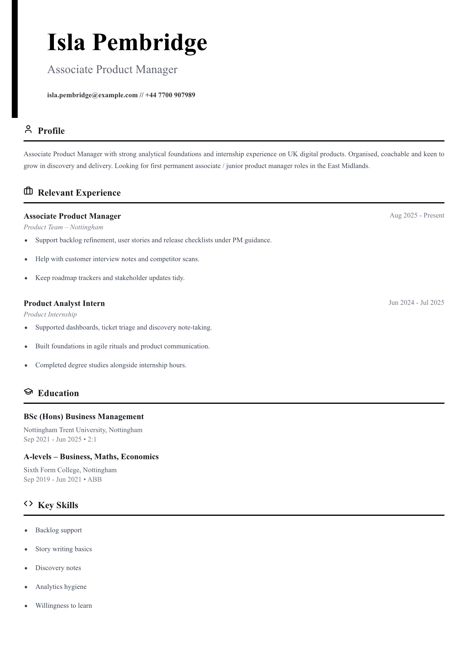 associate product manager CV template