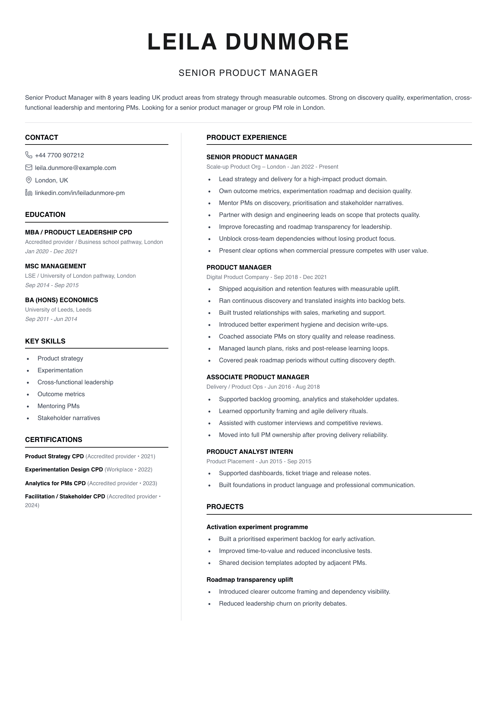 senior product manager CV template