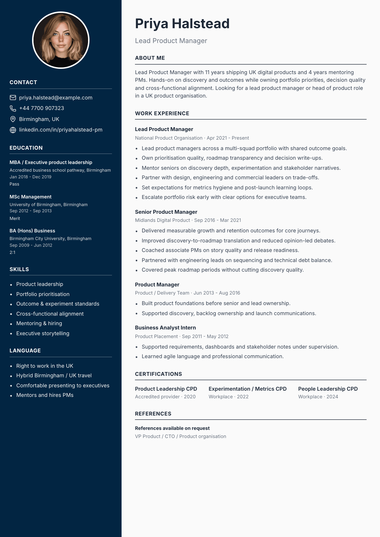 Lead product manager CV template