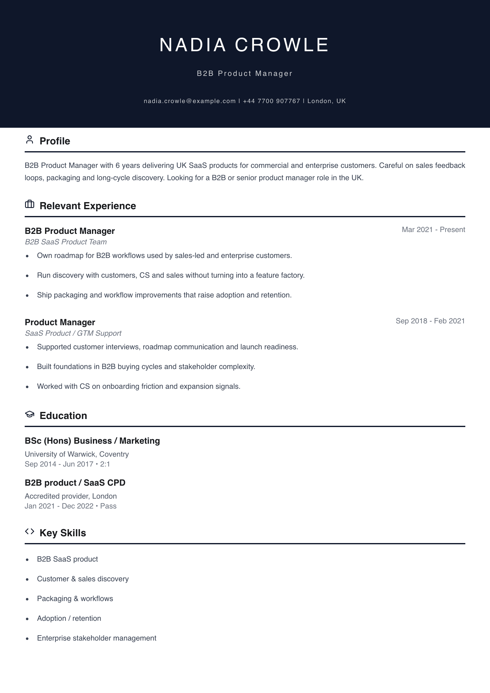 B2B product manager CV template