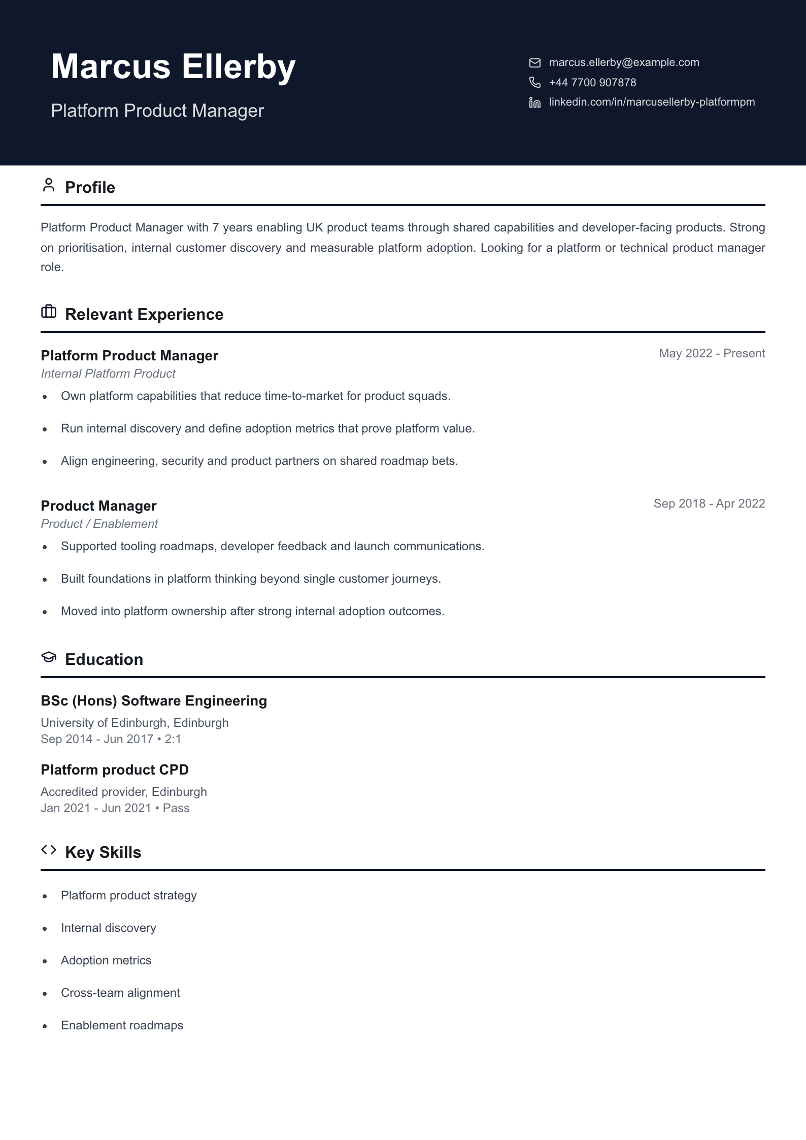 platform product manager CV template