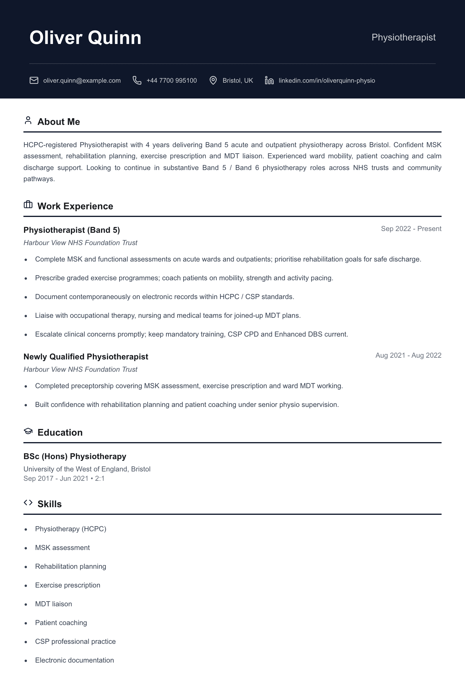 physiotherapist cv template