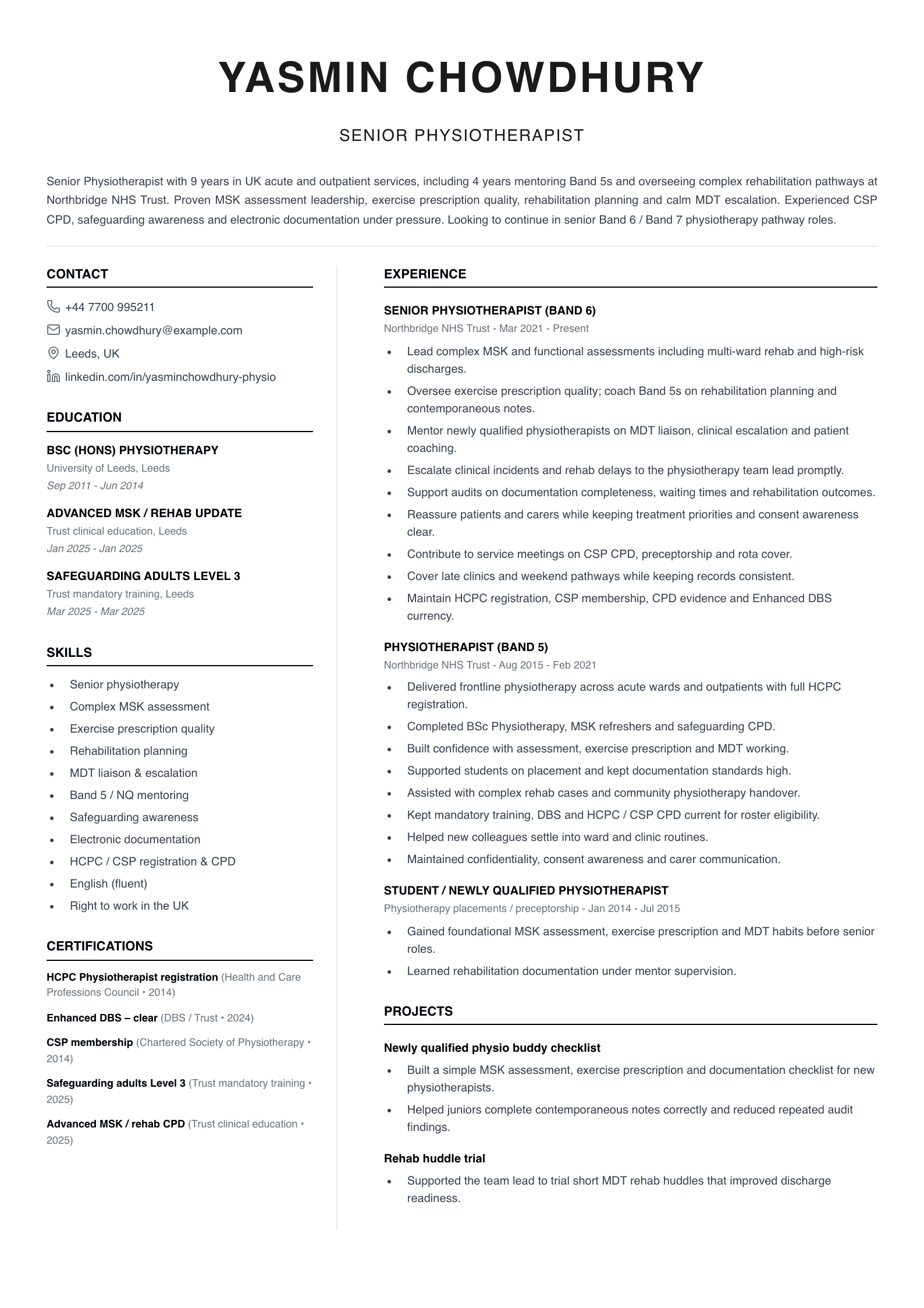 senior physiotherapist cv template