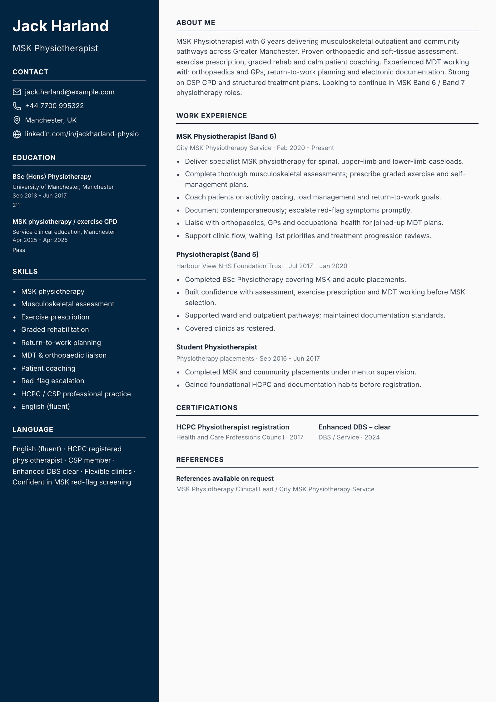 msk physiotherapist cv template