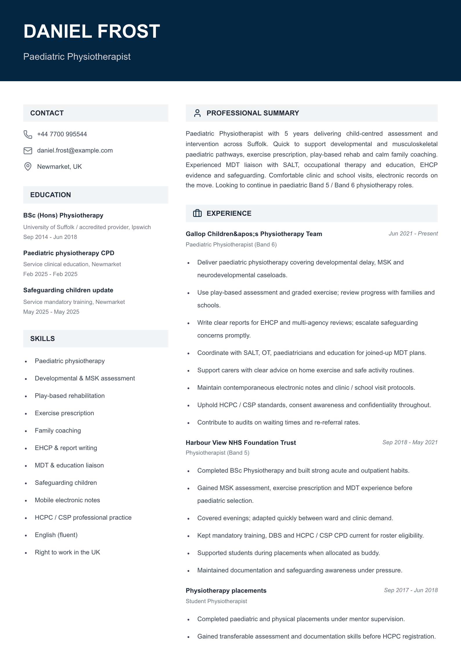 paediatric physiotherapist cv template