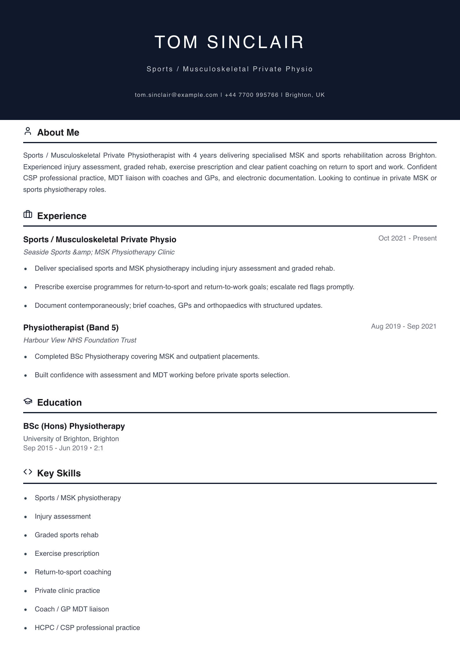 sports musculoskeletal private physiotherapist cv template