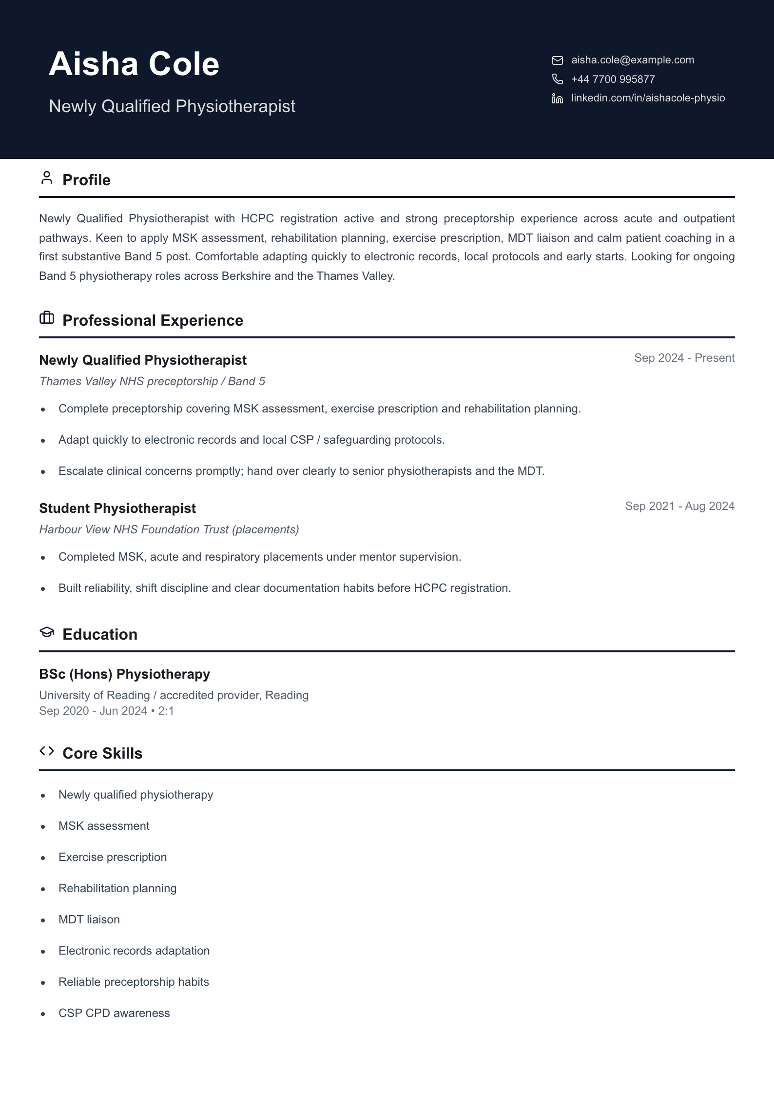 newly qualified physiotherapist cv template