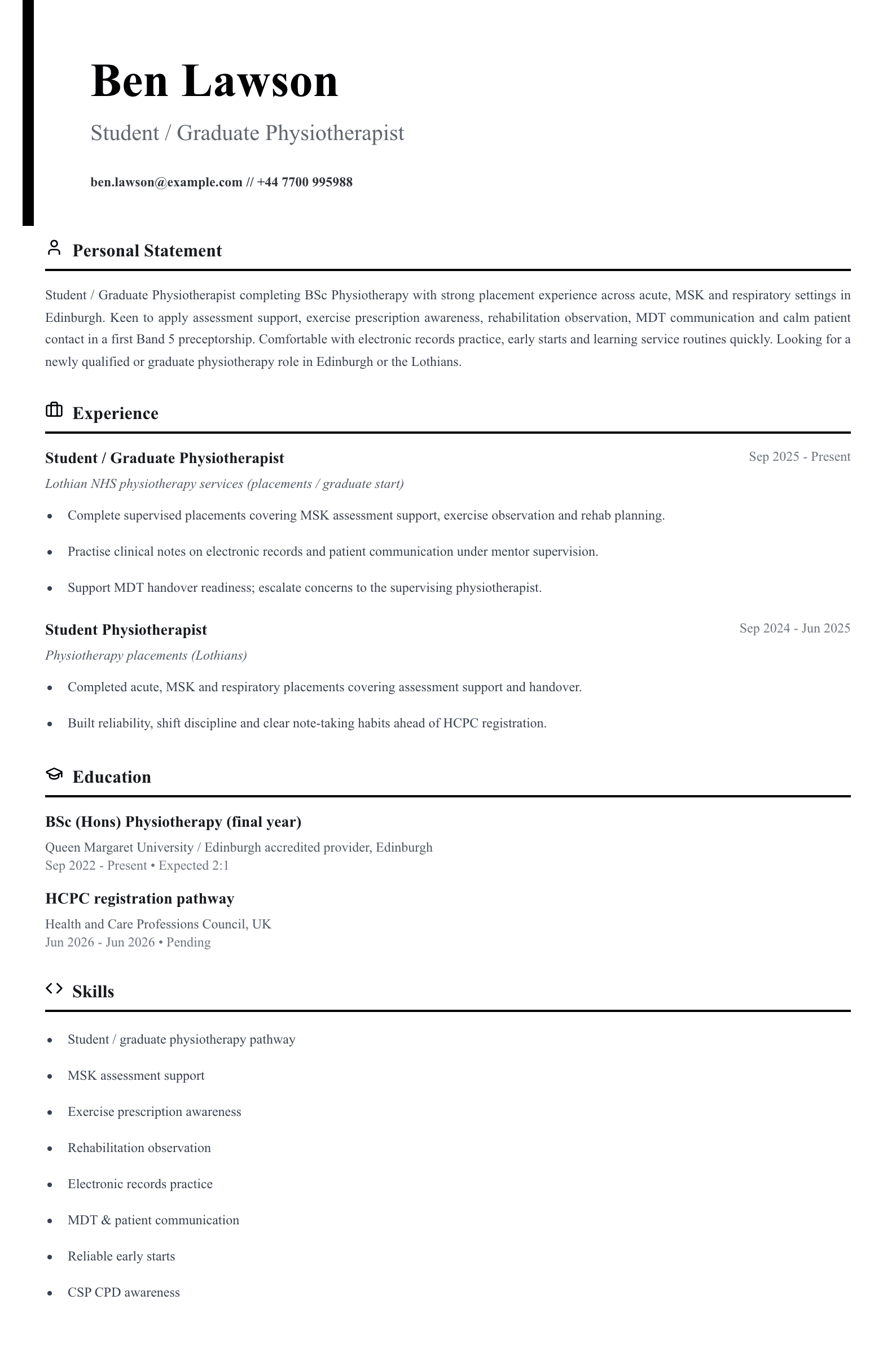 student graduate physiotherapist cv template