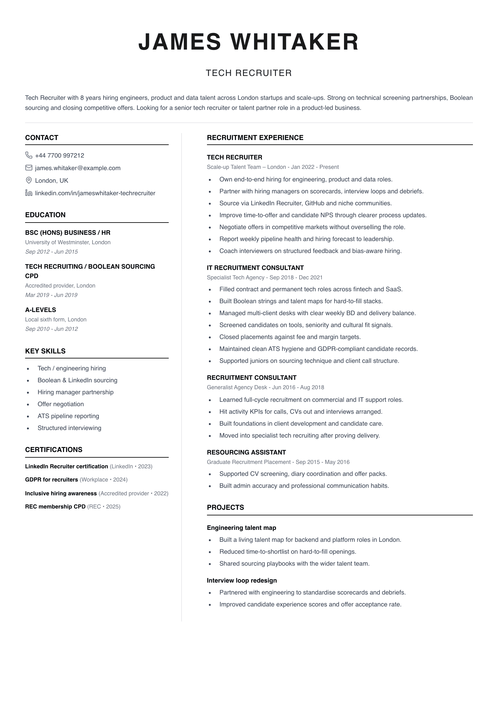 tech recruiter CV template