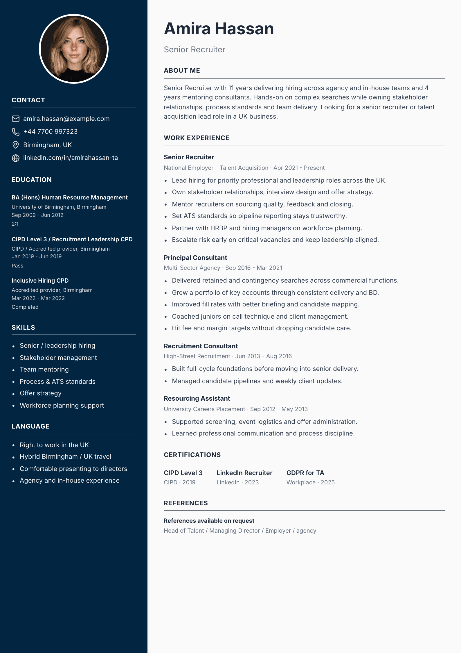 Senior recruiter CV template