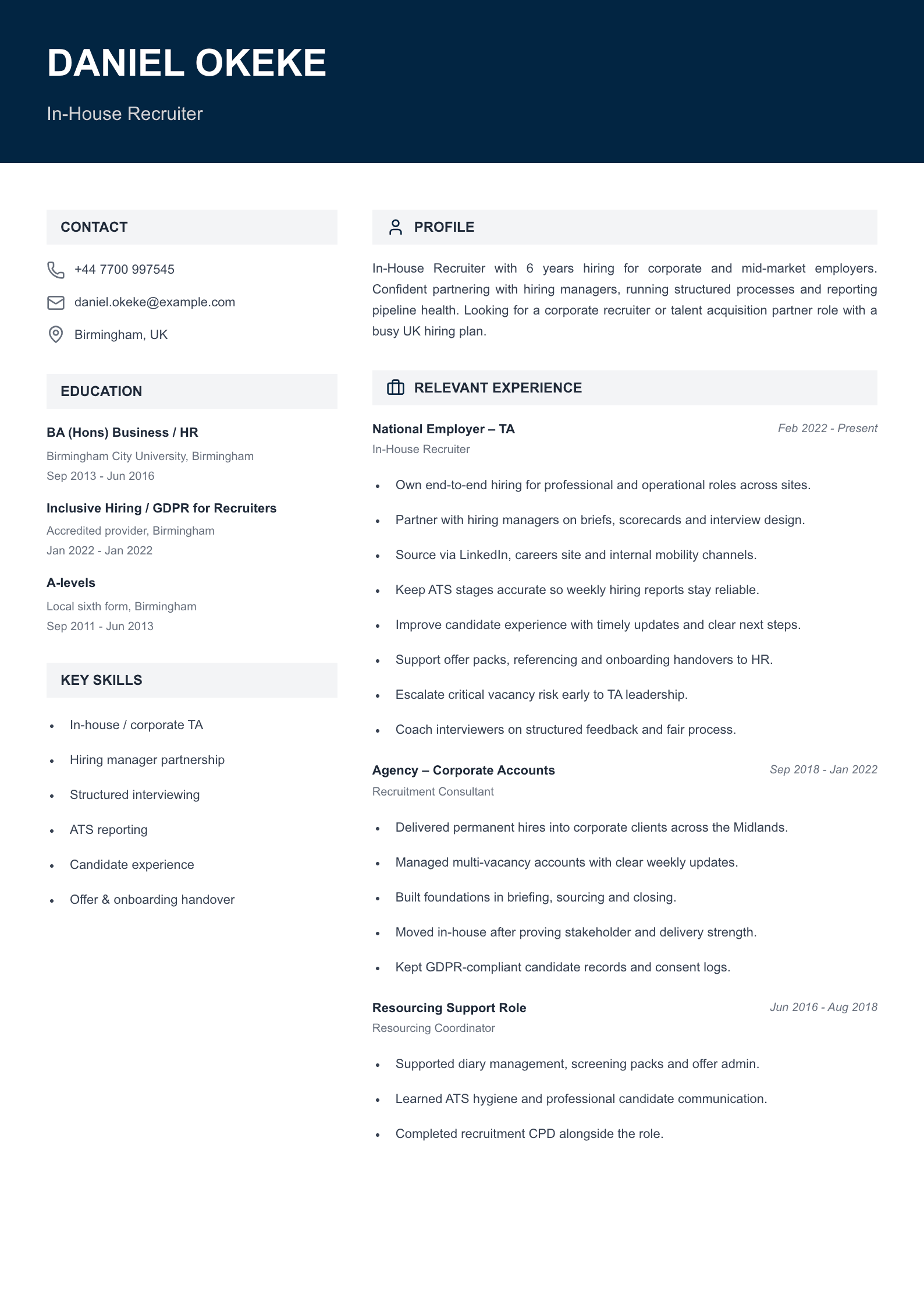 in-house recruiter CV template