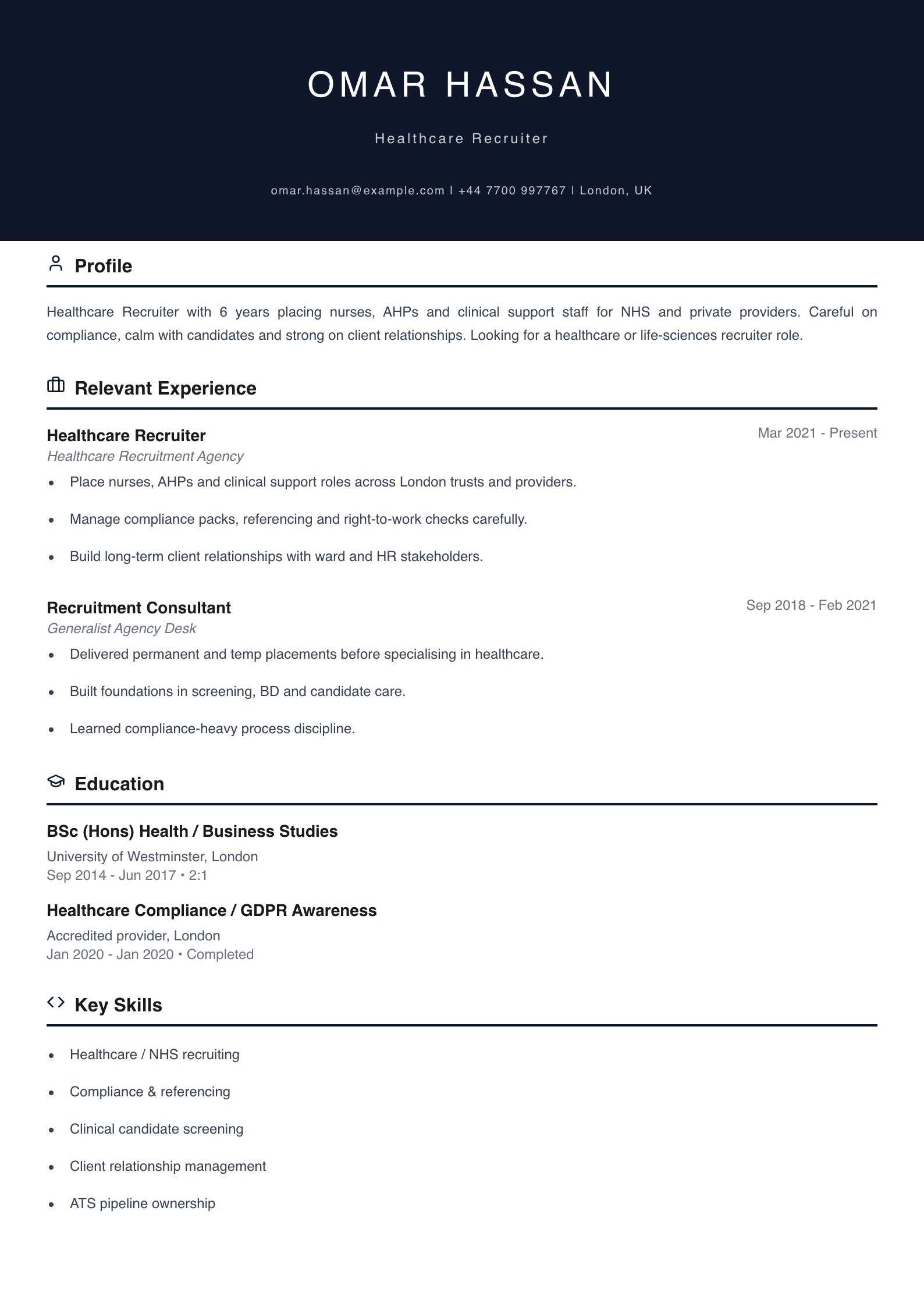 healthcare recruiter CV template