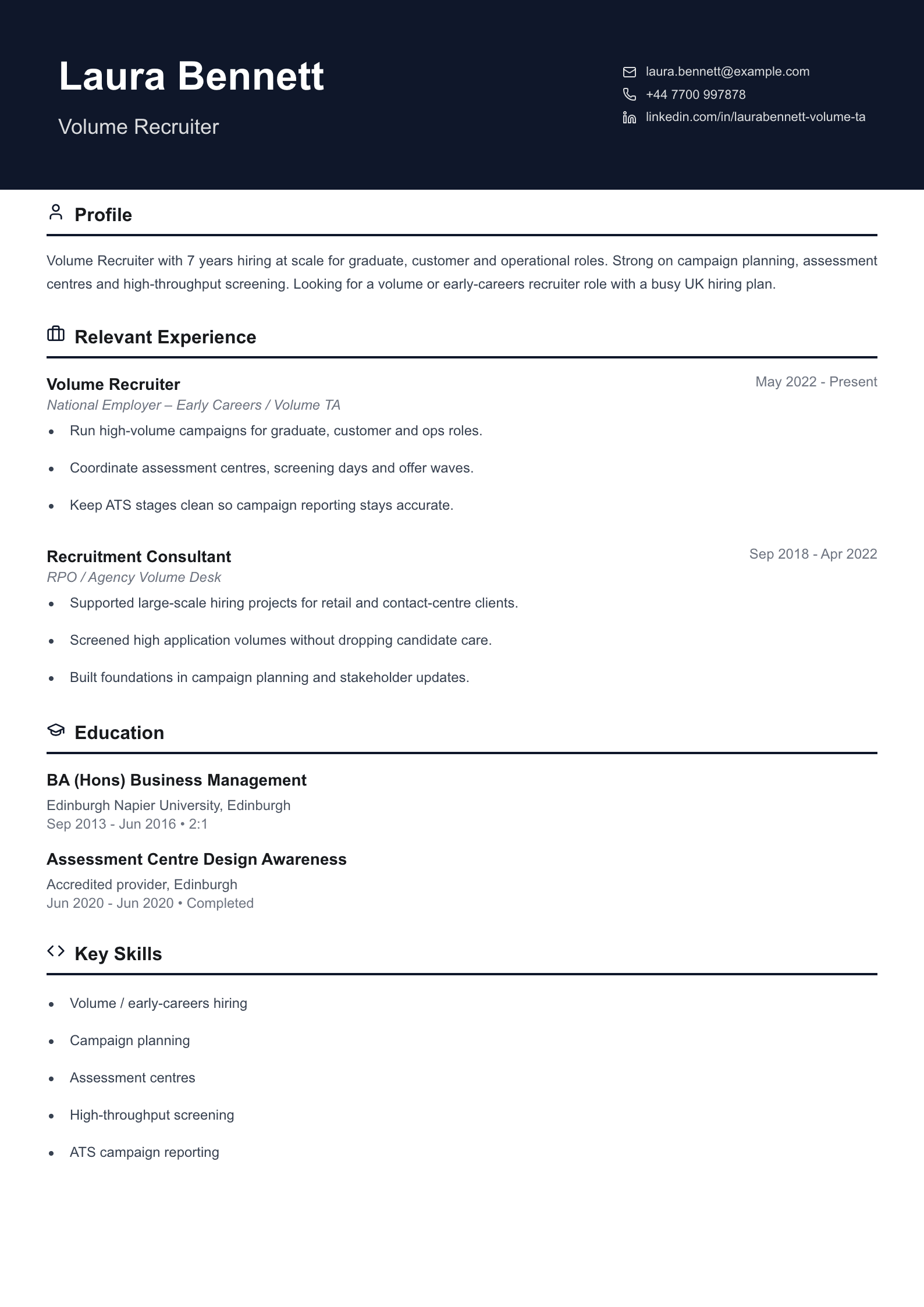 volume recruiter CV template