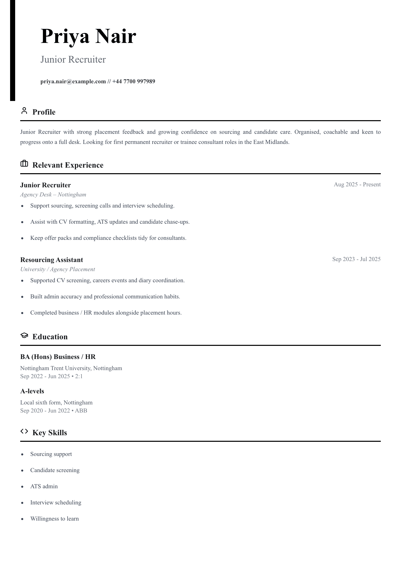 junior recruiter CV template