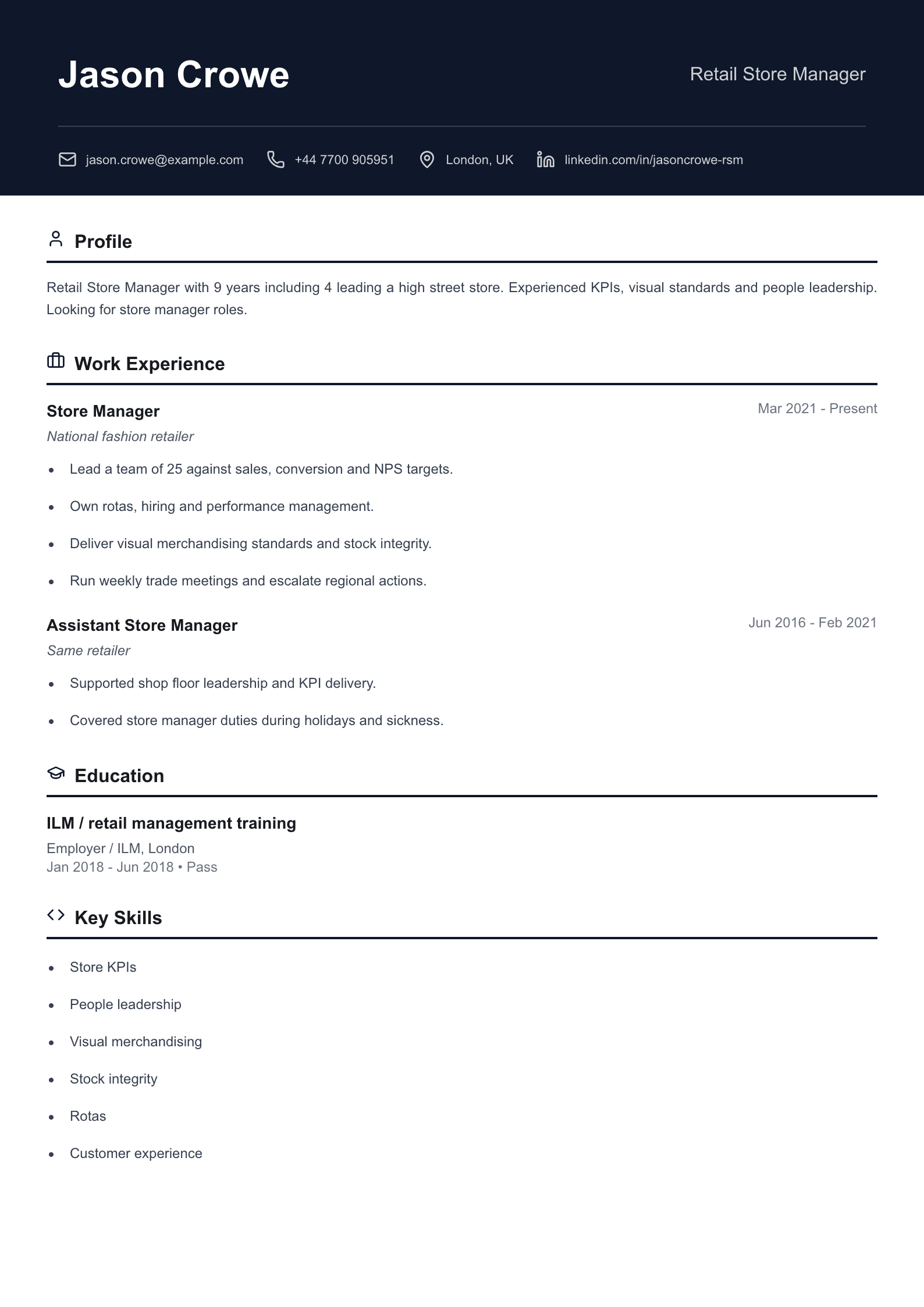 retail store manager cv template