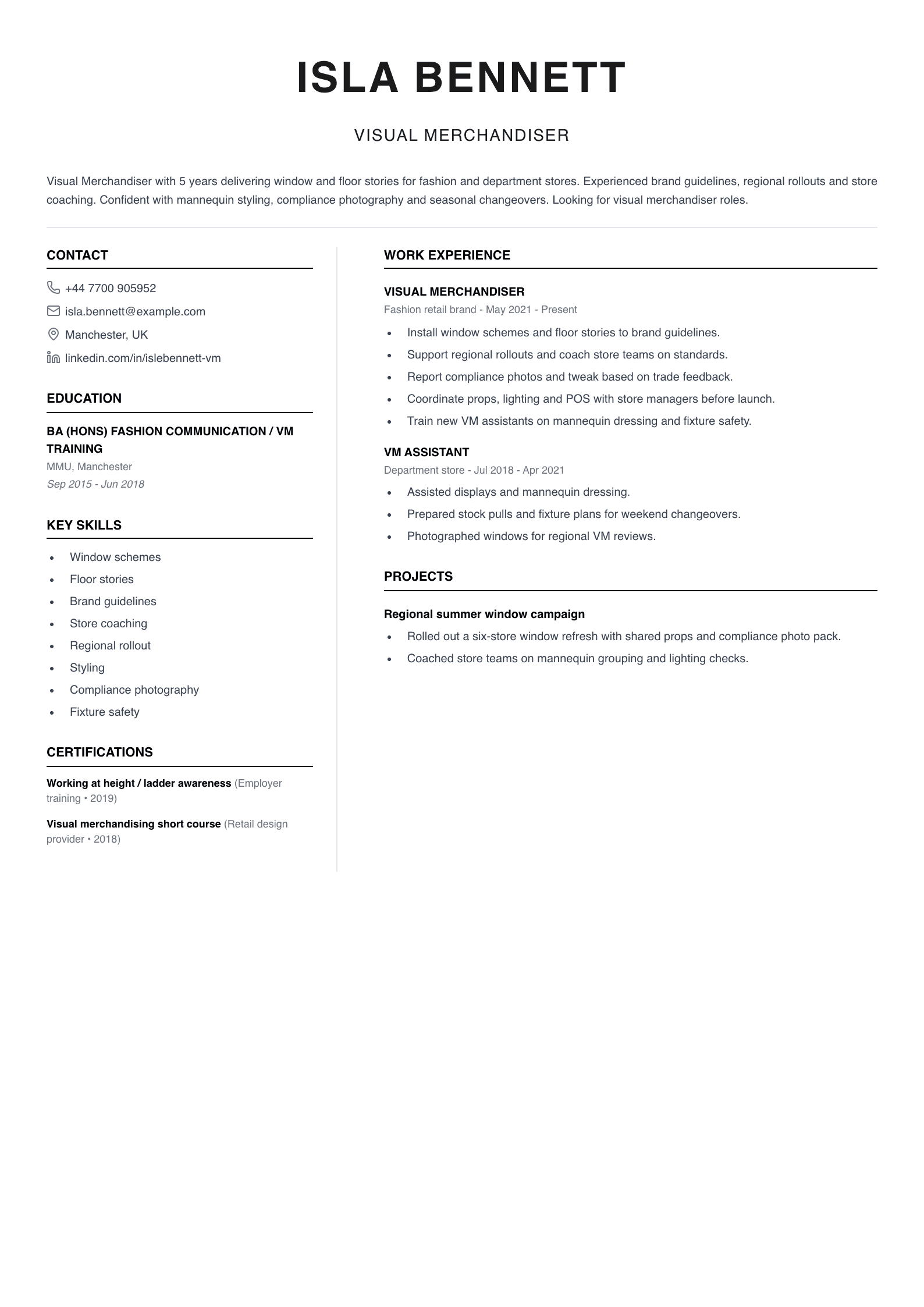 visual merchandiser cv template