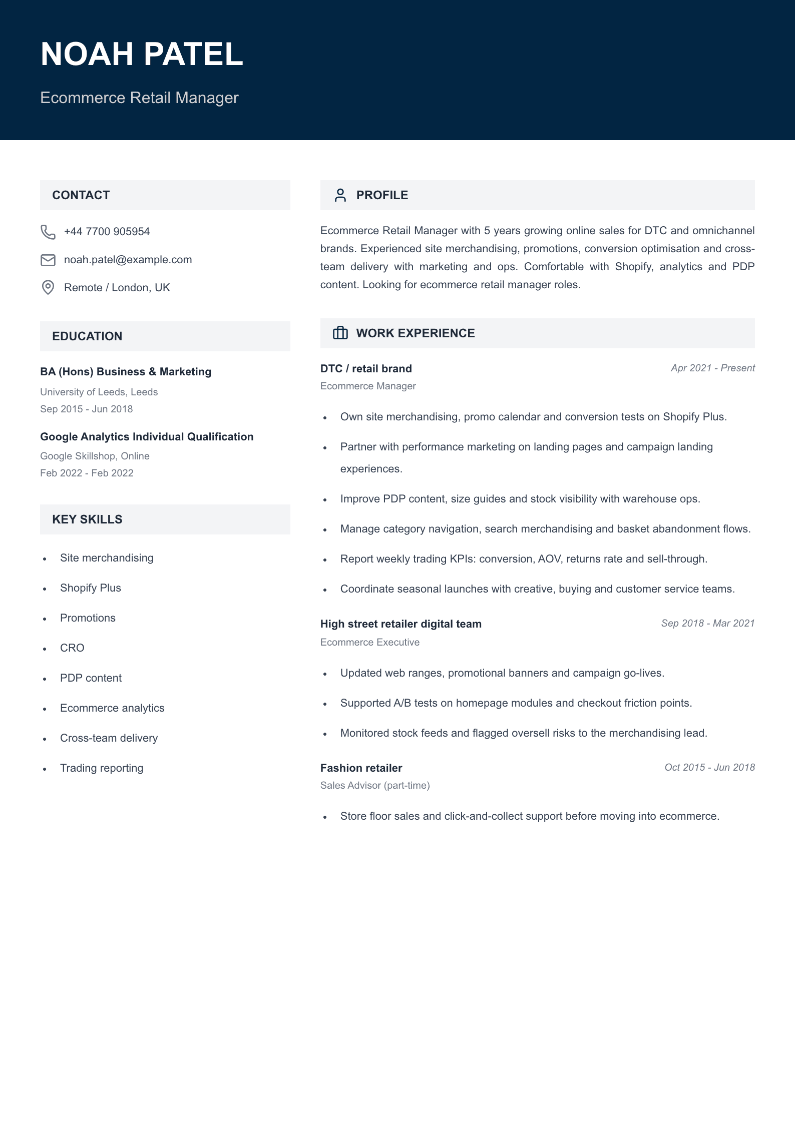 ecommerce retail manager cv template