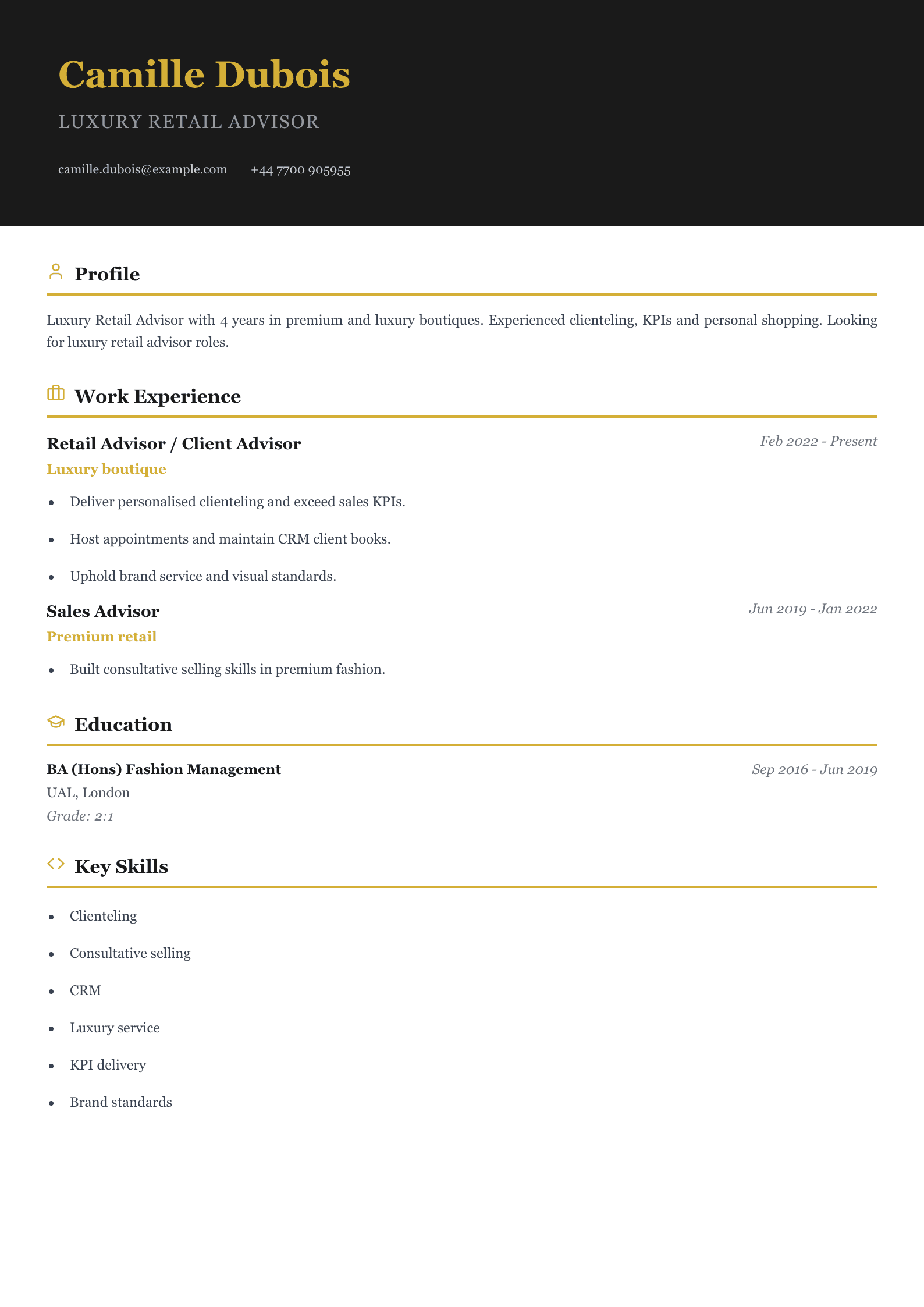 luxury retail advisor cv template