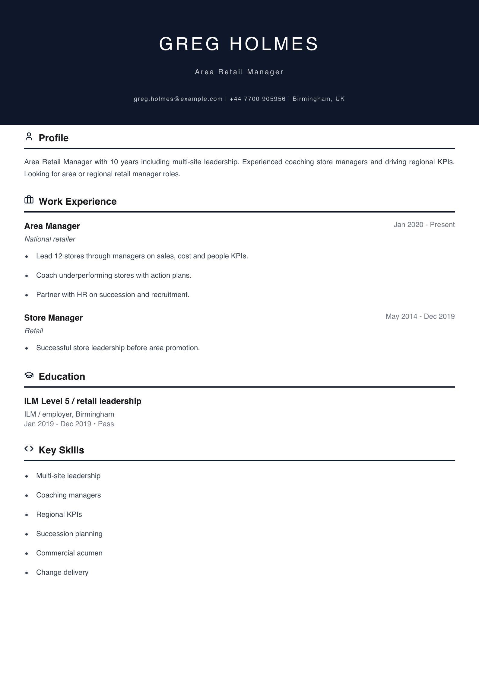 area retail manager cv template