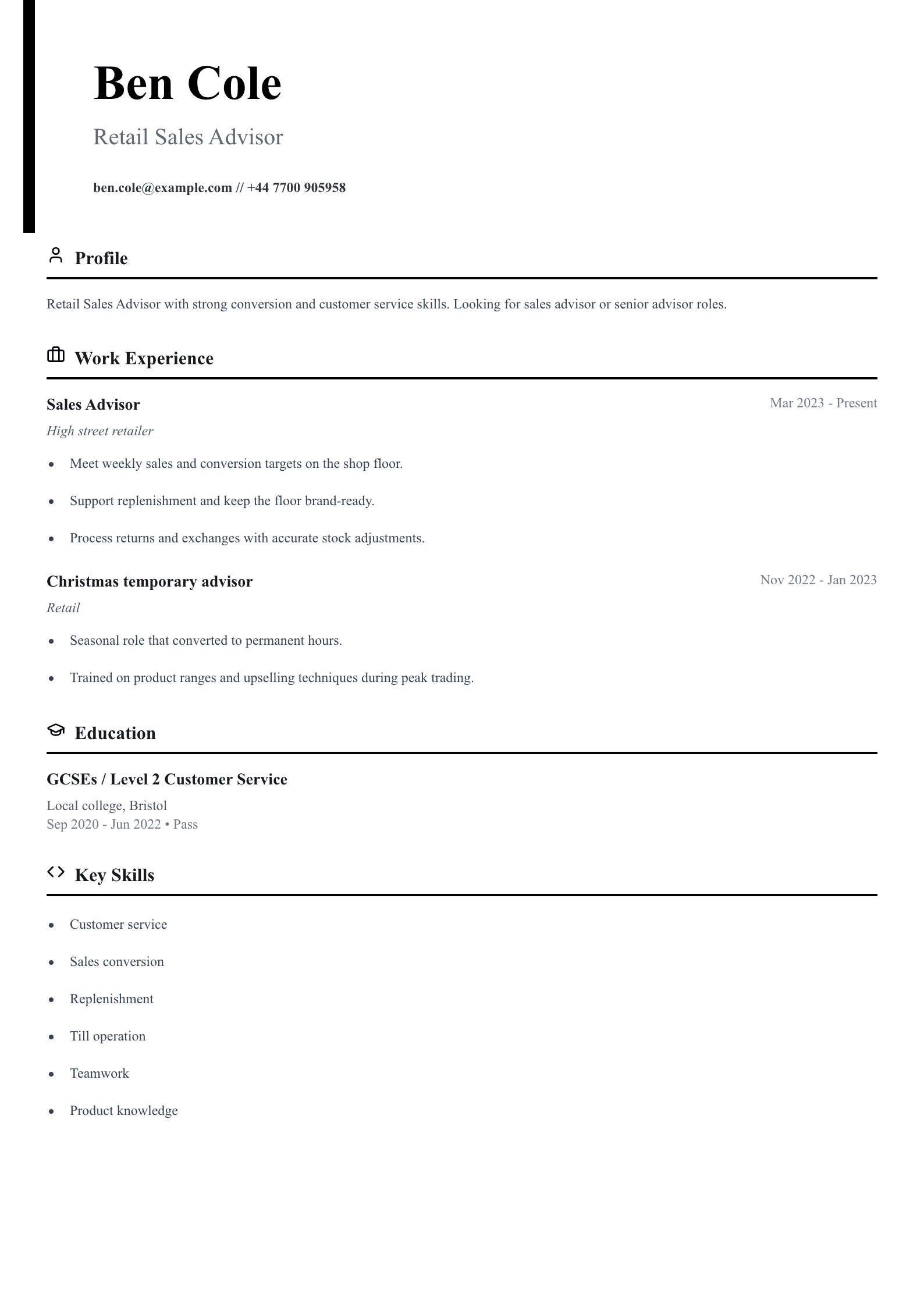 retail sales advisor cv template