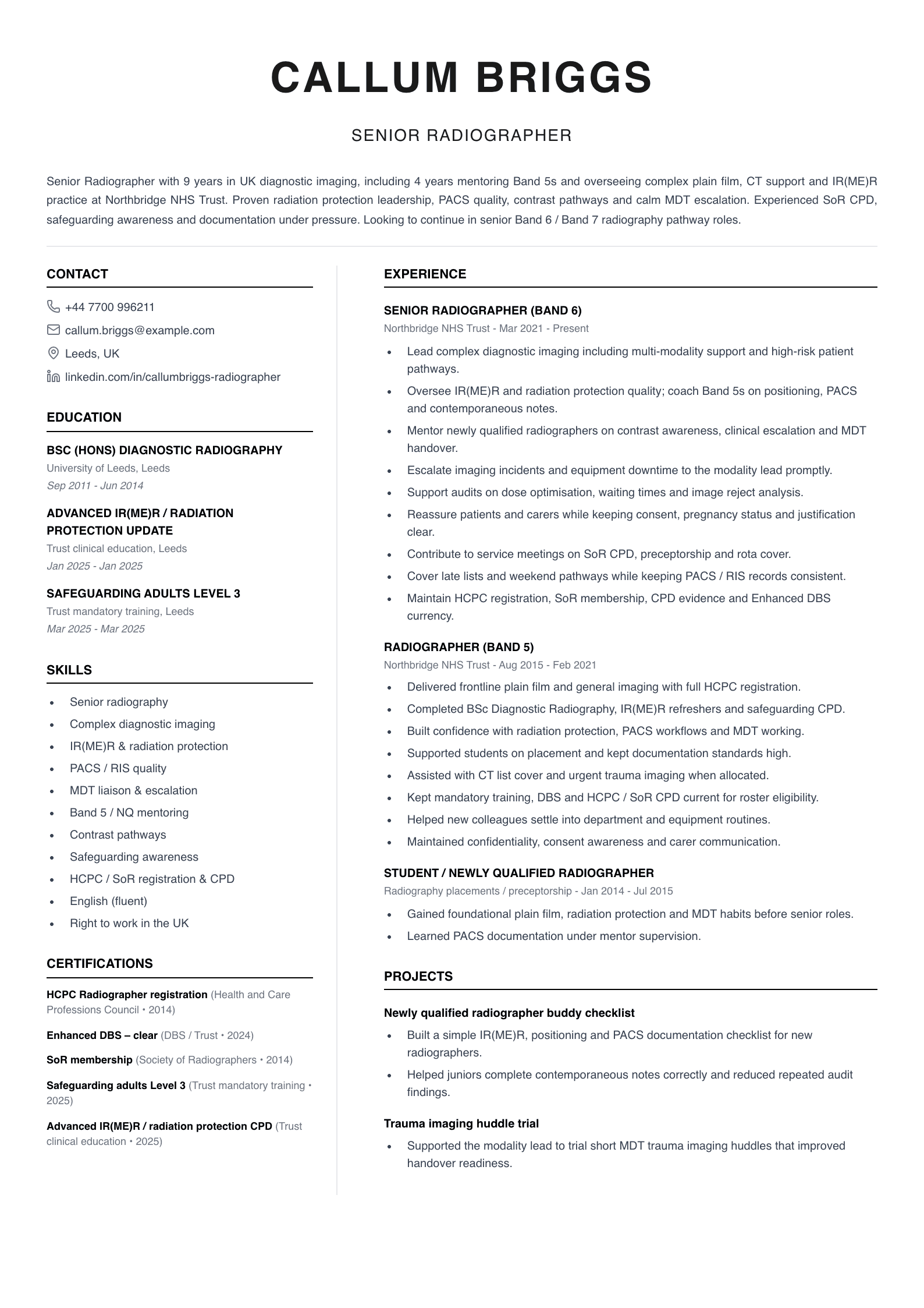 senior radiographer cv template