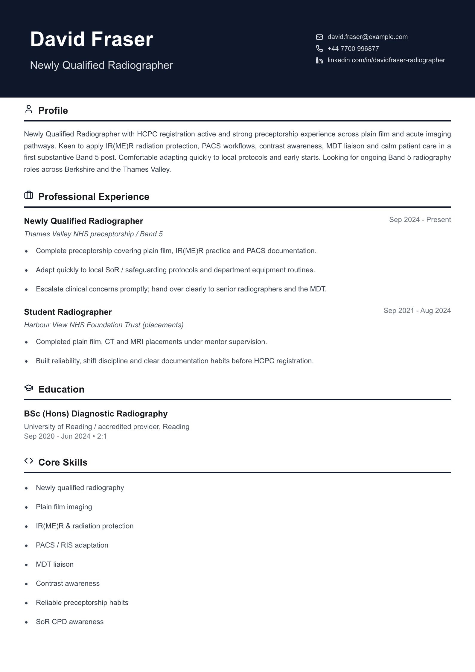 newly qualified radiographer cv template