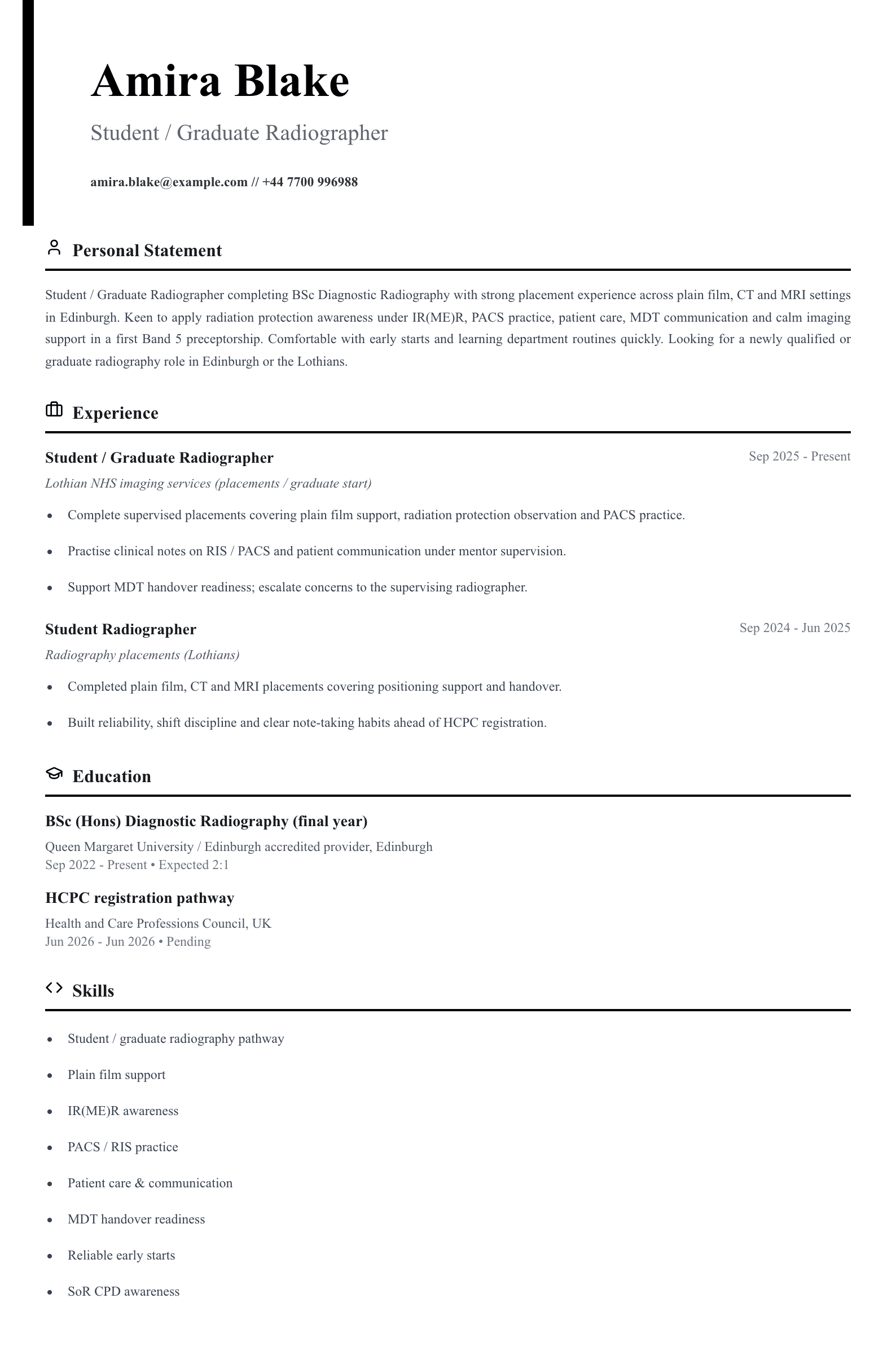 student graduate radiographer cv template