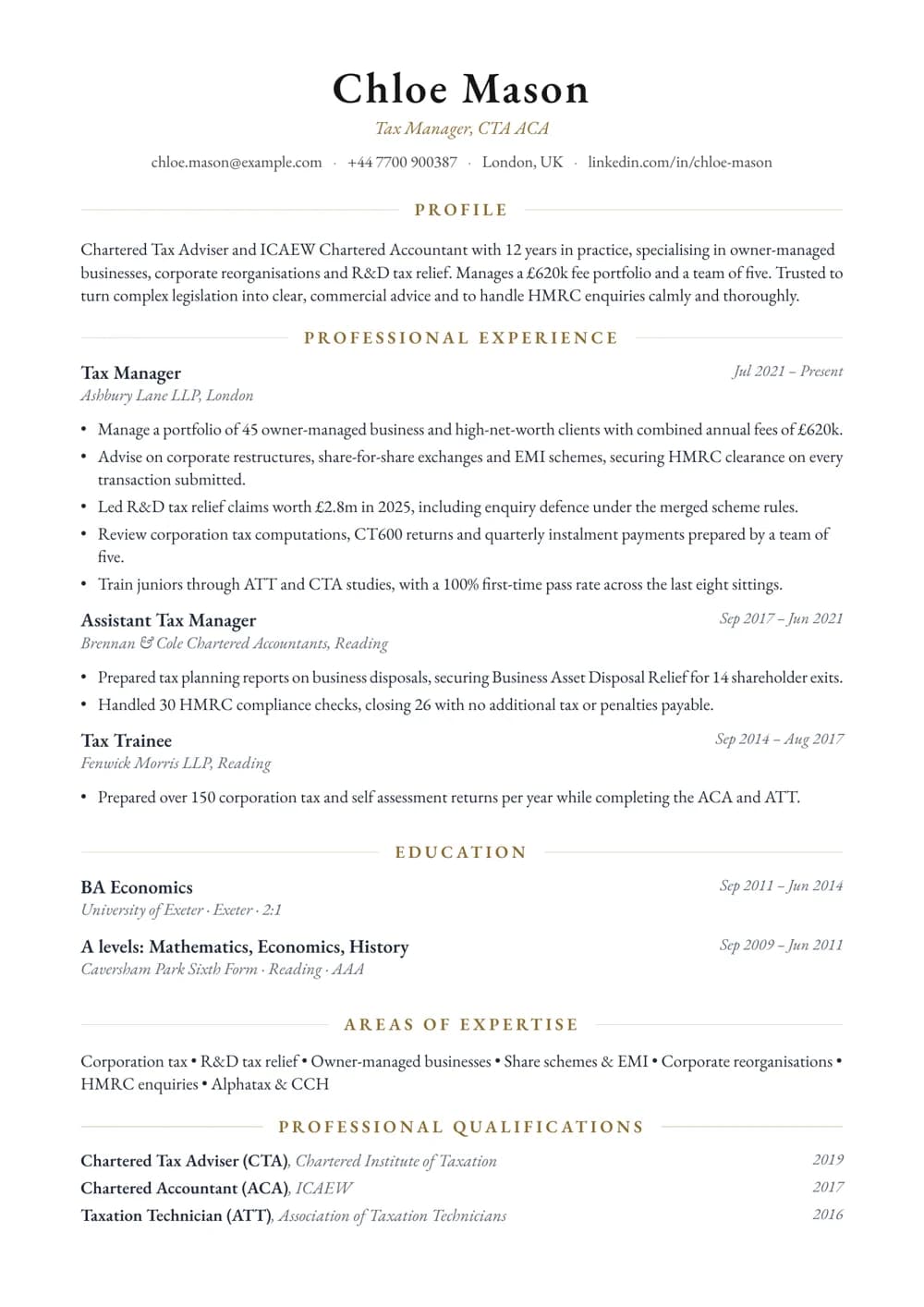 Chartered Tax Adviser CV template